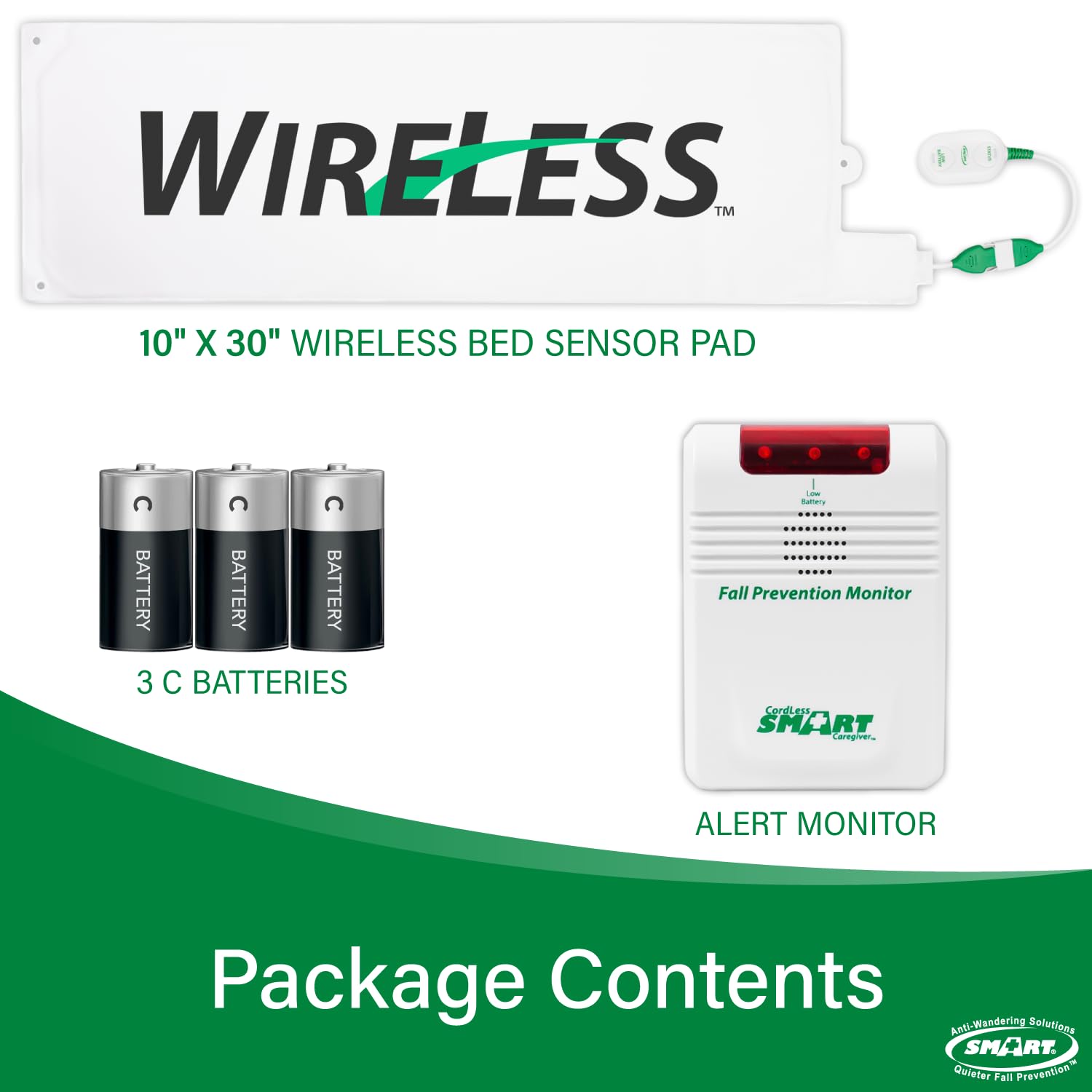 Smart Caregiver Wireless Bed Alarm System - Cordless Weight Sensing Bed Pad (10” x 30”) with Remote Alert Monitor for Elderly & Patient Safety | Includes Free Cleaning Wipes & 7-Day Pill Organizer | Ideal for Home Care, Nursing Homes, and Hospitals