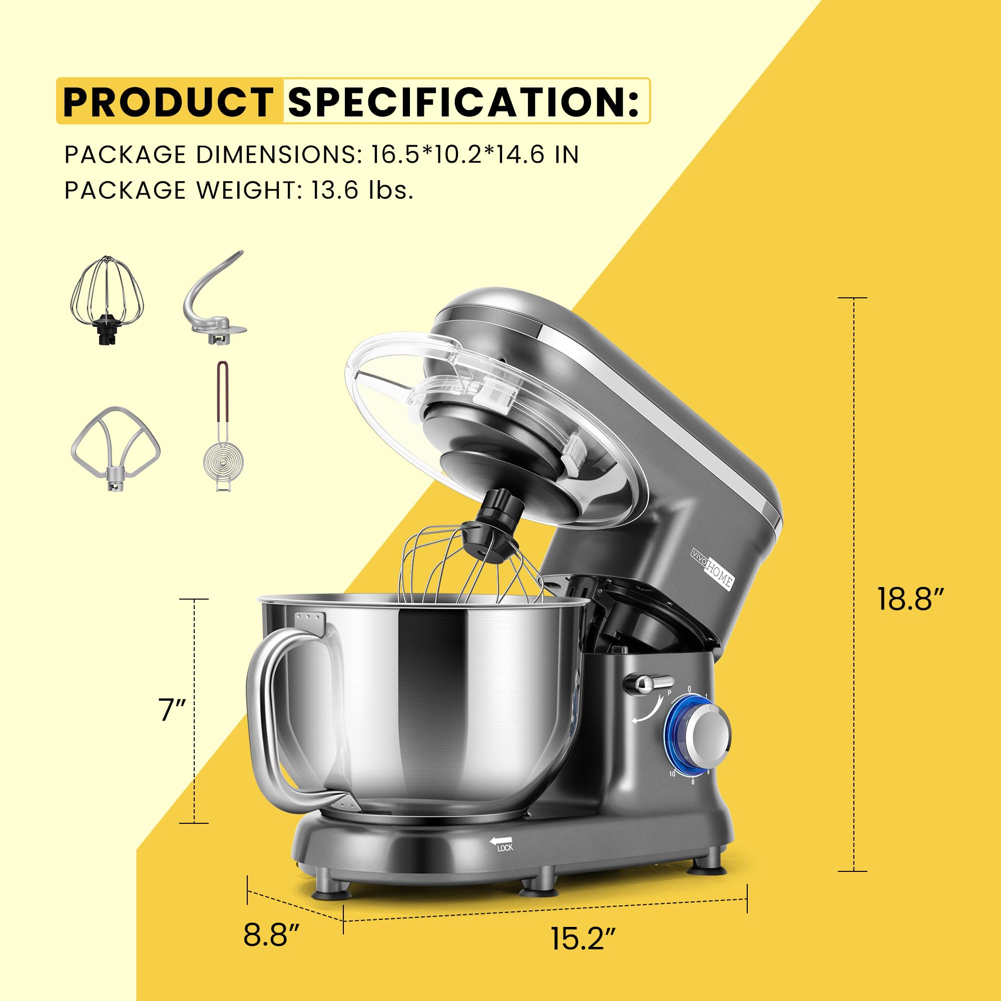 VIVOHOME 660W 10-Speed 6 Quart Tilt-Head Stand Mixer - Electric Kitchen Food Mixer with Beater, Dough Hook, Wire Whip & Egg Separator (Gray) - Perfect for Baking Cakes, Cookies, Bread & Whipping Cream