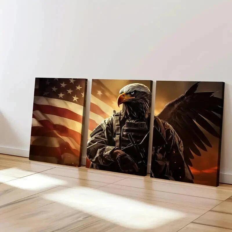 3-Piece Abstract Bald Eagle Flying American Flag Wall Art Set - Framed Canvas 50x70cm | High Quality Print | 100% Australian Made | Ready to Hang | Perfect for Living Room, Bedroom & Office Decor