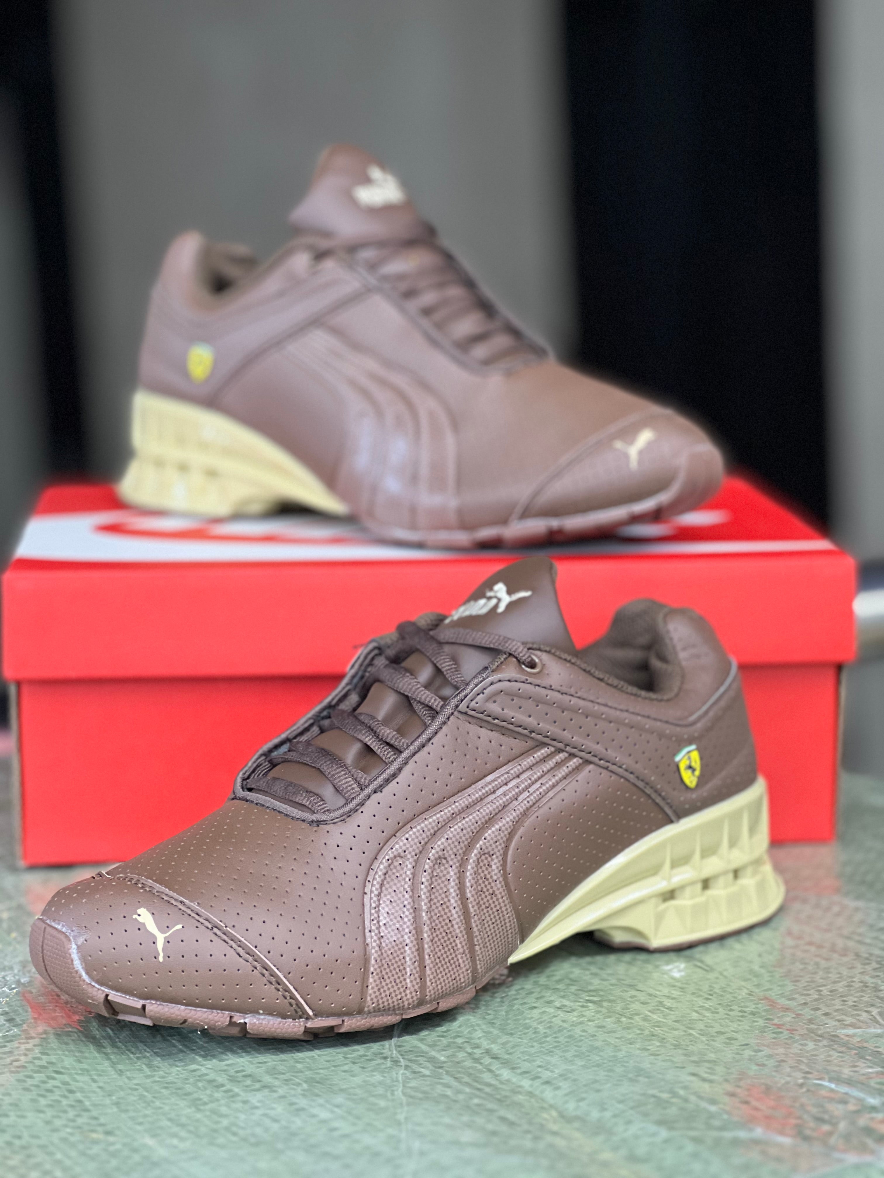 Puma x Ferrari Sneakers - Brown & Mustard Colorway - Stylish Running Shoes for Men & Women - Perfect for Sports, Gym & Casual Wear