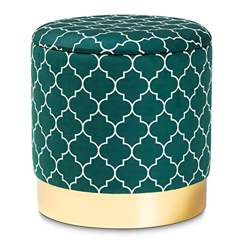 BOWERY HILL Teal Green Quatrefoil Velvet Storage Ottoman with Metal Legs - Stylish Footrest, Coffee Table & Extra Seating for Living Room, Bedroom or Office