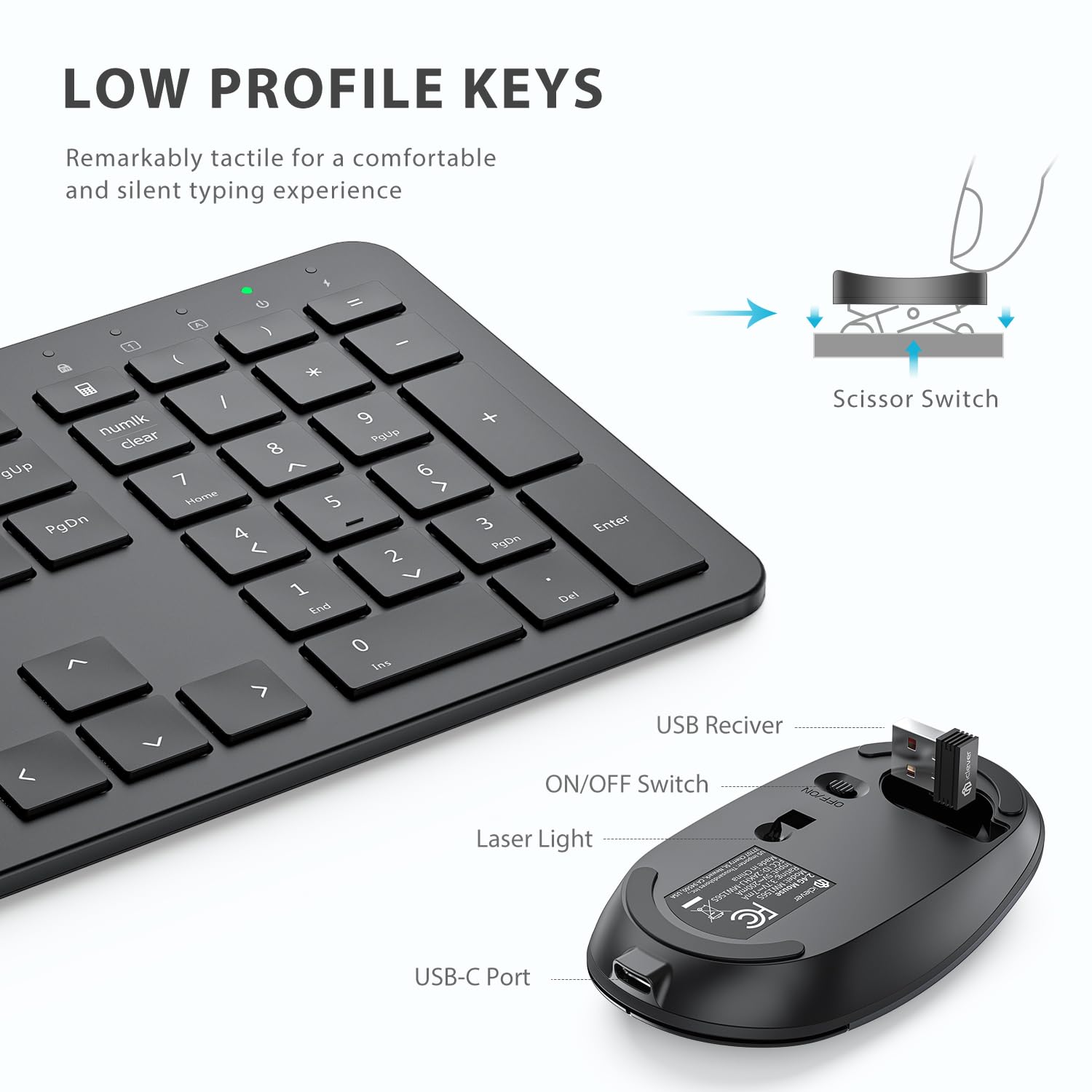 iClever GK08 Wireless Keyboard and Mouse Combo - Ultra Slim Full Size Keyboard with Number Pad, 2.4G Stable Connection for Windows & Mac OS (Black) | Perfect for Office, Home & Gaming Use