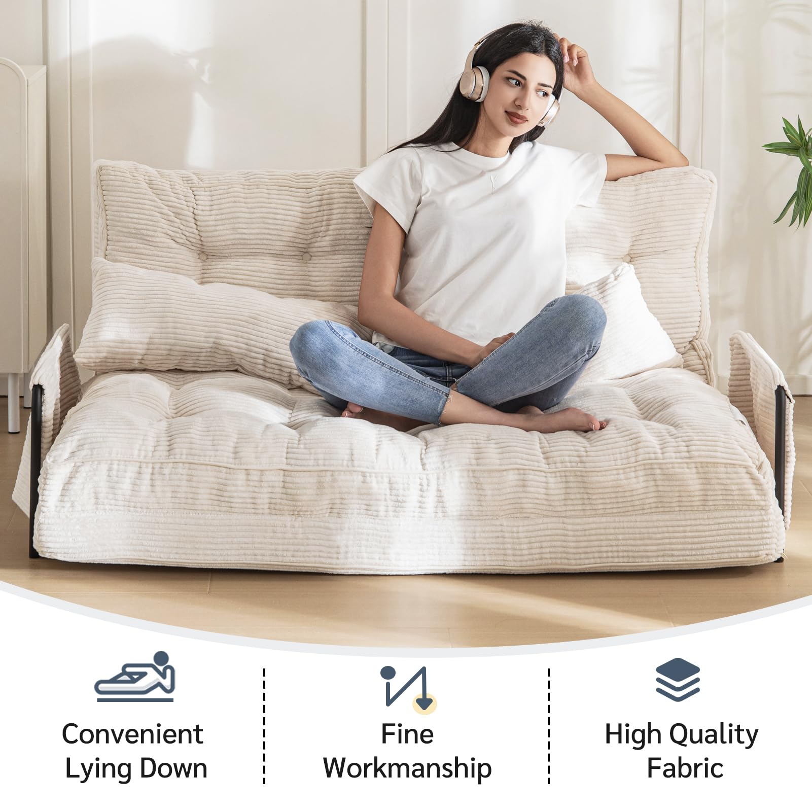 MAXYOYO Adjustable Floor Sofa Bed with 2 Pillows - Multi Functional Bean Bag Sleeper with Armrest for Reading, Gaming & Relaxing - Comfortable Beige Lounger for Living Room, Bedroom & Dorm