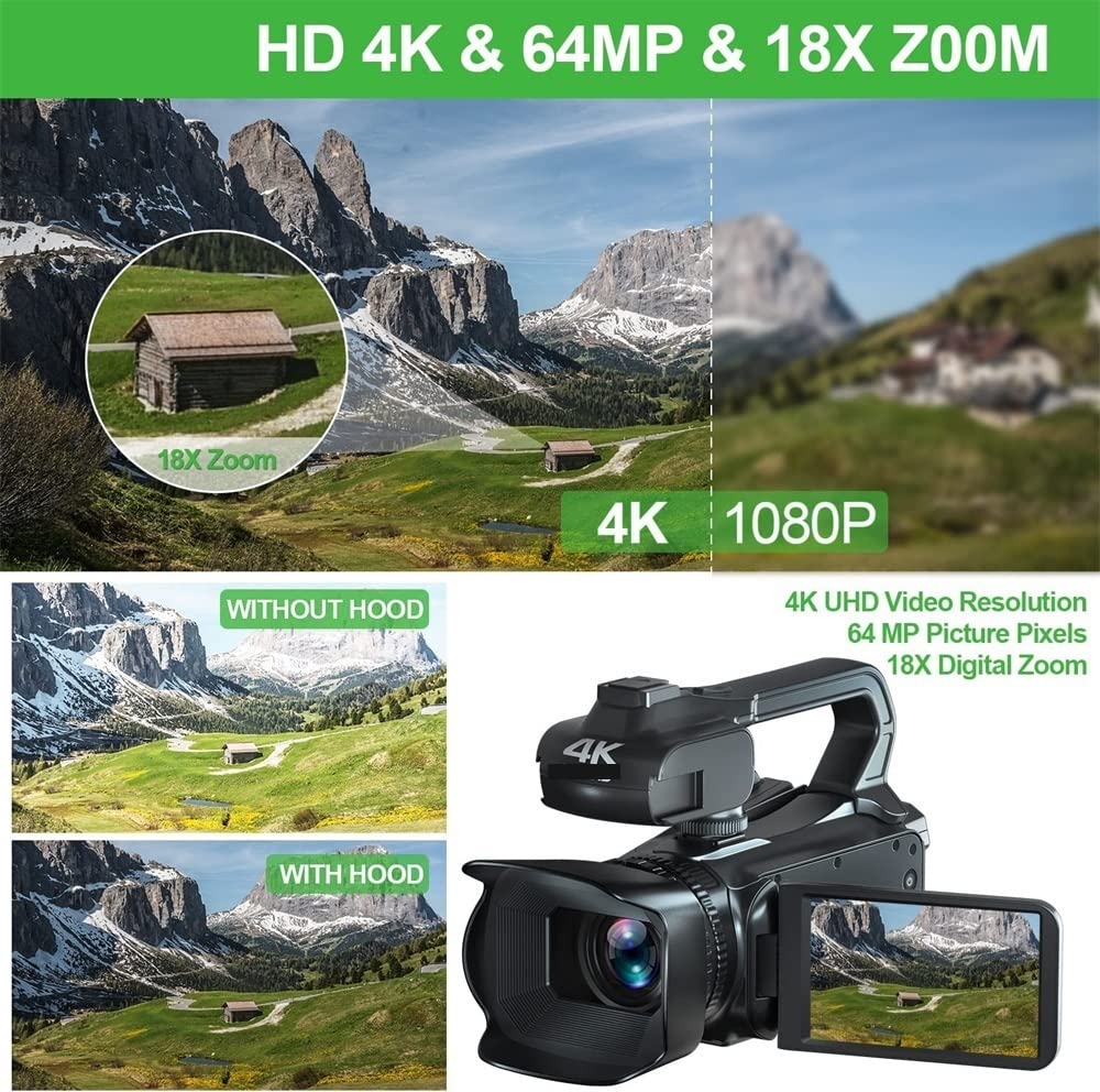 AUBEST 4K 60FPS 18X Zoom Digital Camcorder with Rotating Touch Screen - 64MP Vlogging Camera for YouTube Live Streaming, Webcam & Travel Recording (Includes 64GB SD Card) - Perfect for Content Creators, Travel Vloggers & Live Streamers