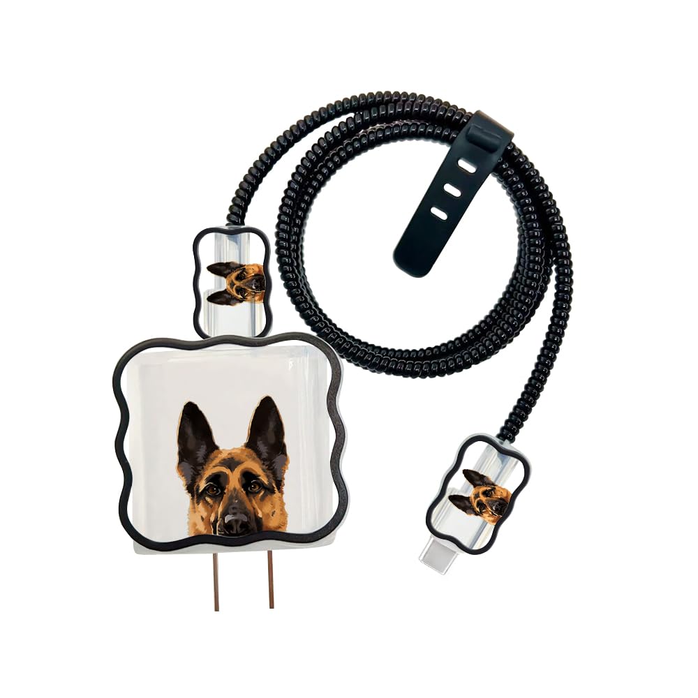 Wirester 5-in-1 Cable Protector Set for 18W/20W USB-C Charger - Durable Charging Cable Cover with German Shepherd Design, Compatible with iPhone 11/12/13/14/15 Pro Max & Adapters - Perfect for Home, Office & Travel Use
