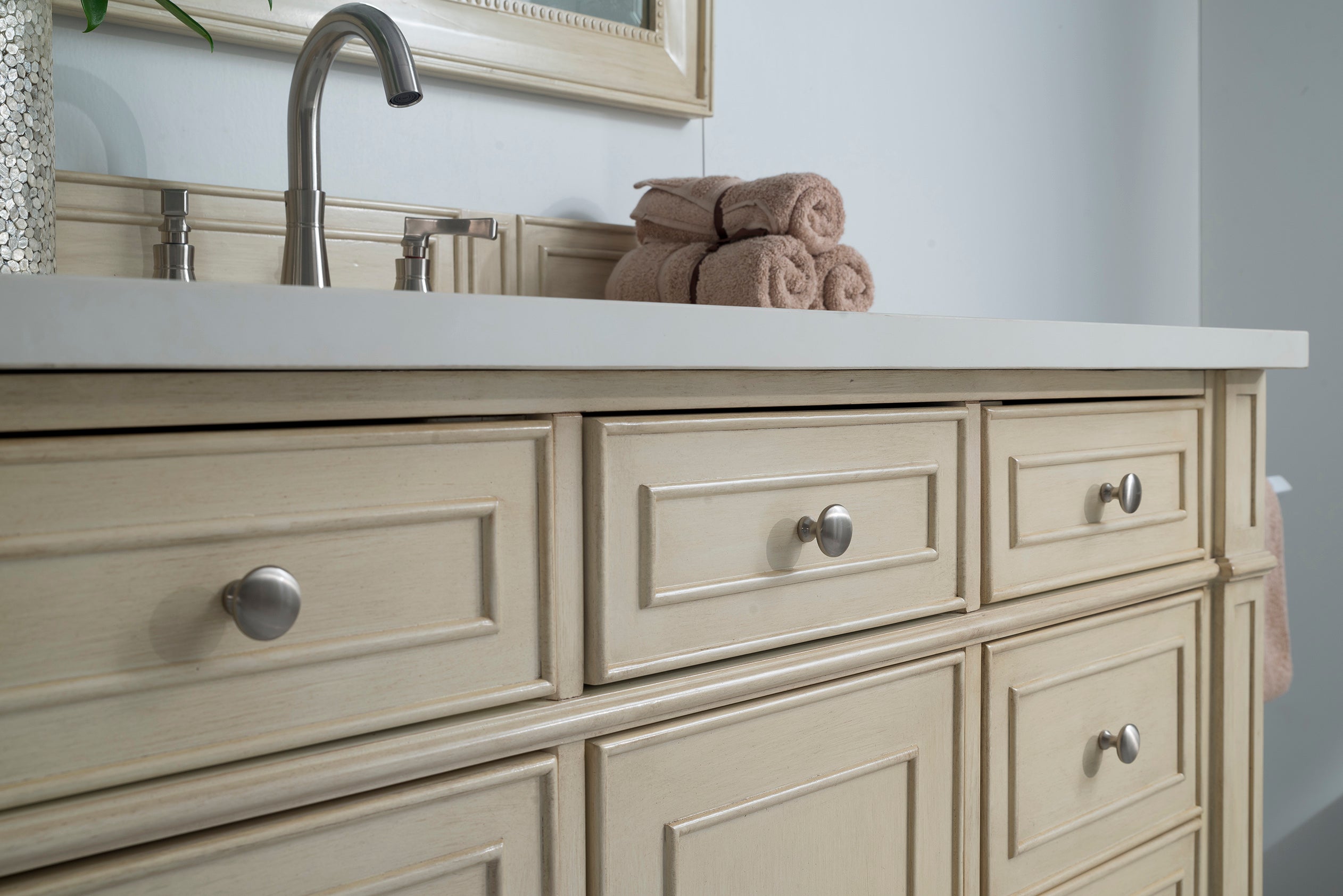 Bristol 48 Inch Single Bathroom Vanity with White Zeus Quartz Top - Vintage Vanilla Finish | Perfect for Modern Farmhouse, Coastal, or Traditional Bathroom Decor