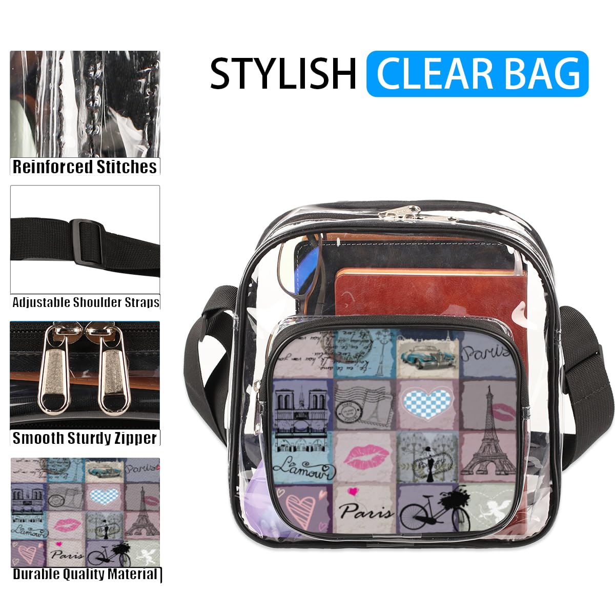 Mularoka Retro Color Clear Crossbody Purse Bag - Purple & Pink Transparent Stadium Approved Bag for Women & Men | Perfect for Festivals, Sports Events, Concerts & Travel