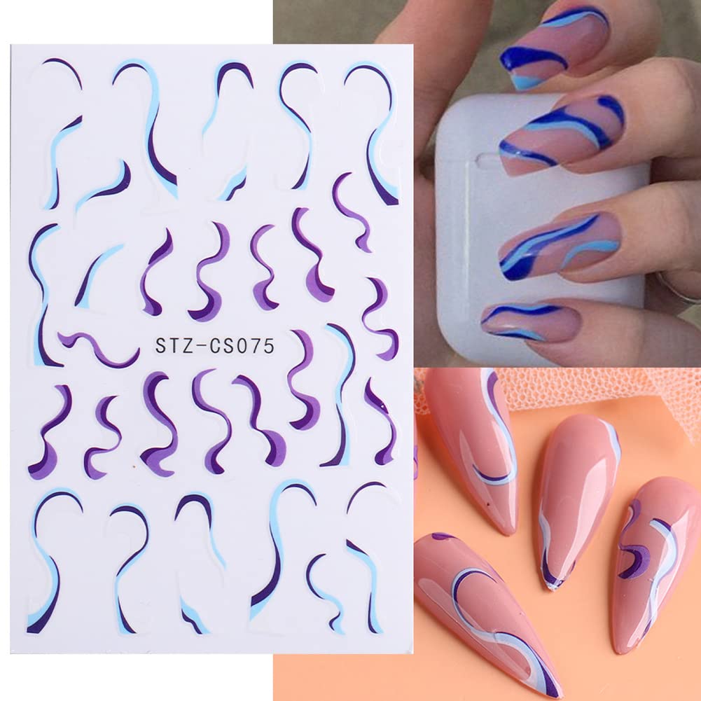 12 Sheets French Nail Art Stickers - 3D Self-Adhesive Colorful Wavy Line Nail Decals for Women & Girls - DIY Manicure Accessories for Home, Salon & Party Nail Designs