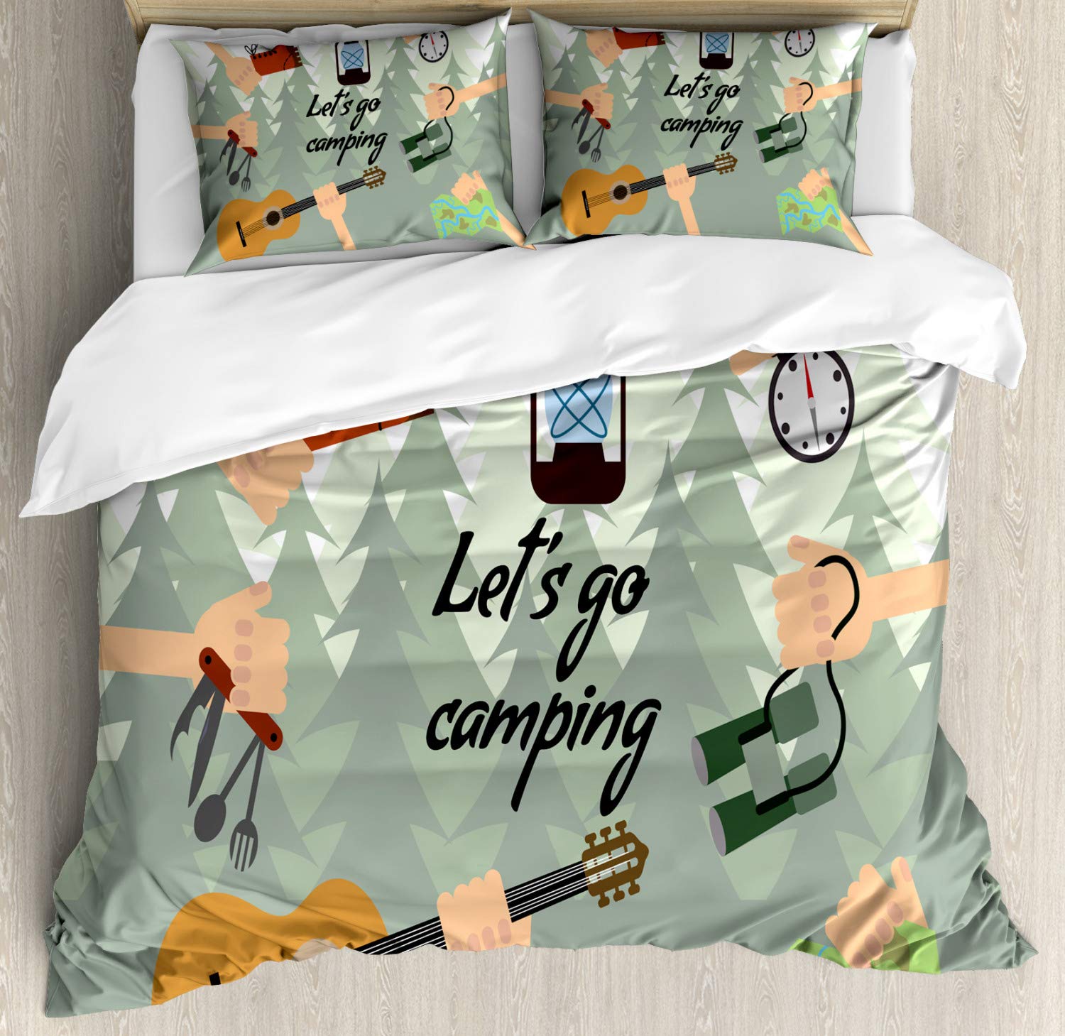 Ambesonne Happy Camper Duvet Cover Set - King Size 3-Piece Camping Themed Bedding with Forest Print & Typography, Includes 2 Pillow Shams - Perfect for Camping Enthusiasts, Outdoor Lovers & Cozy Cabin Decor