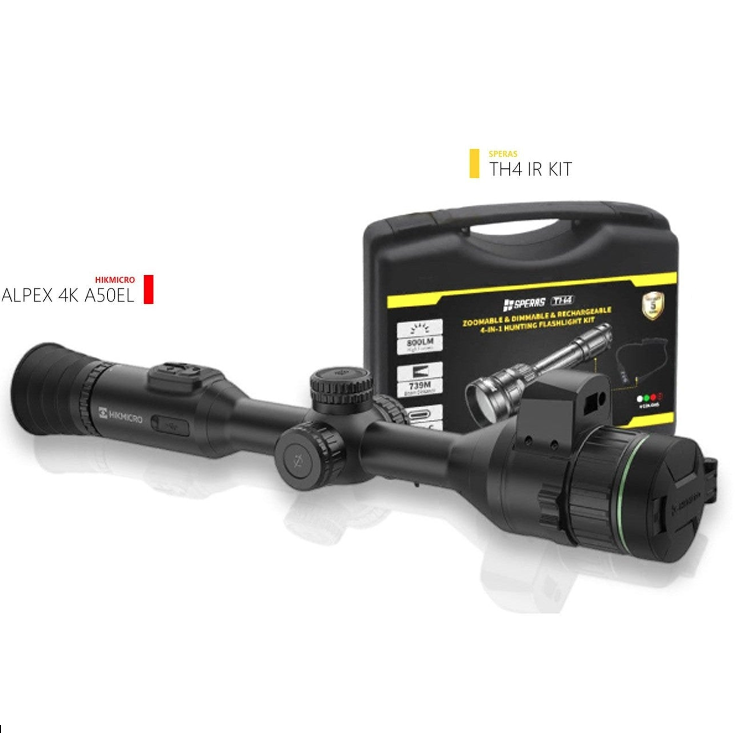 Hikmicro ALPEX 4K A50EL Night Vision Scope with Laser Rangefinder & Speras TH4K Hunting Flashlight Bundle - Perfect for Hunting, Wildlife Observation, and Nighttime Outdoor Adventures