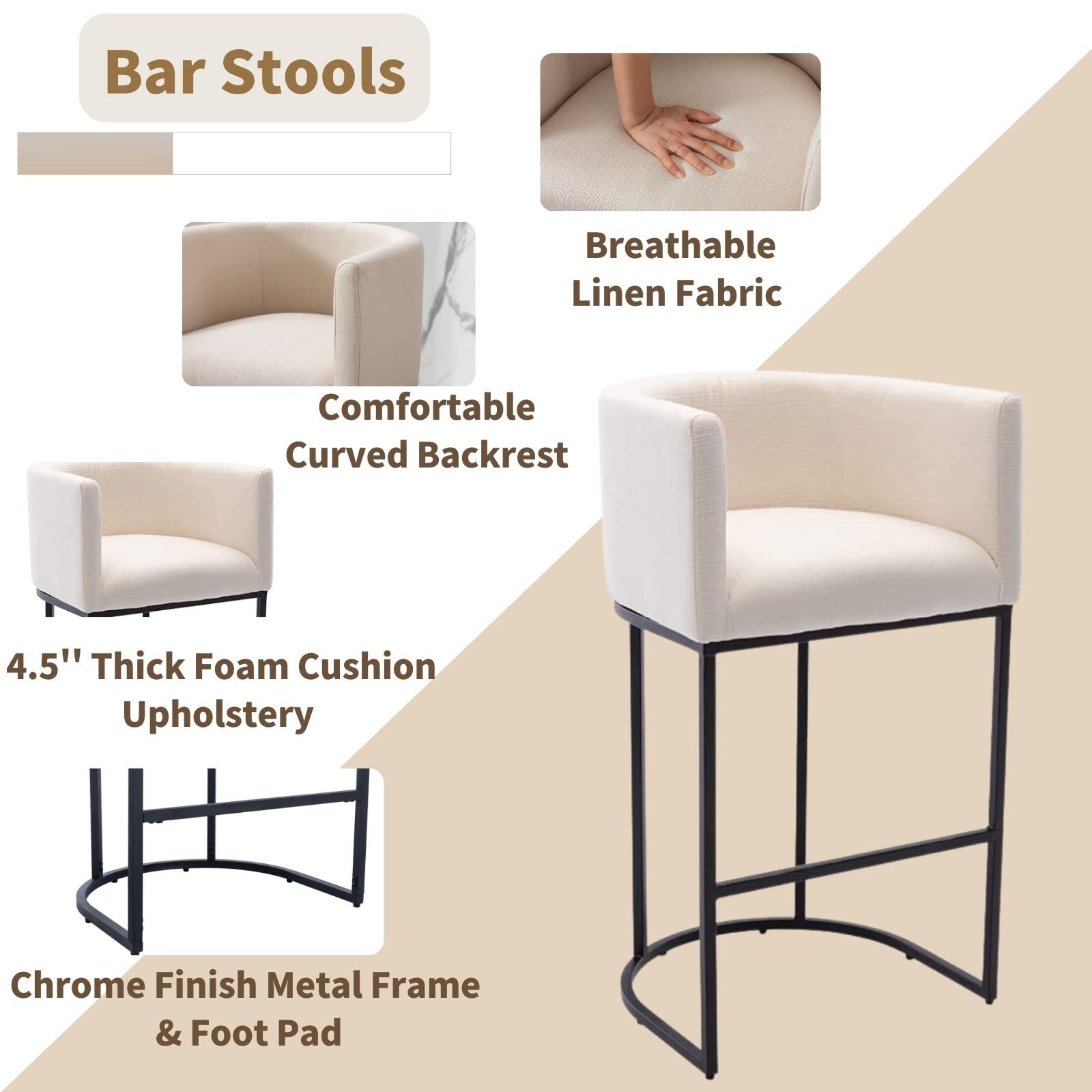Modern Cream Barrel Counter Height Bar Stool - 32 Inch Linen Upholstered Kitchen Stool with Back Support & Black Metal Tubular Frame - Perfect for Kitchen Islands, Breakfast Bars, and Home Decor