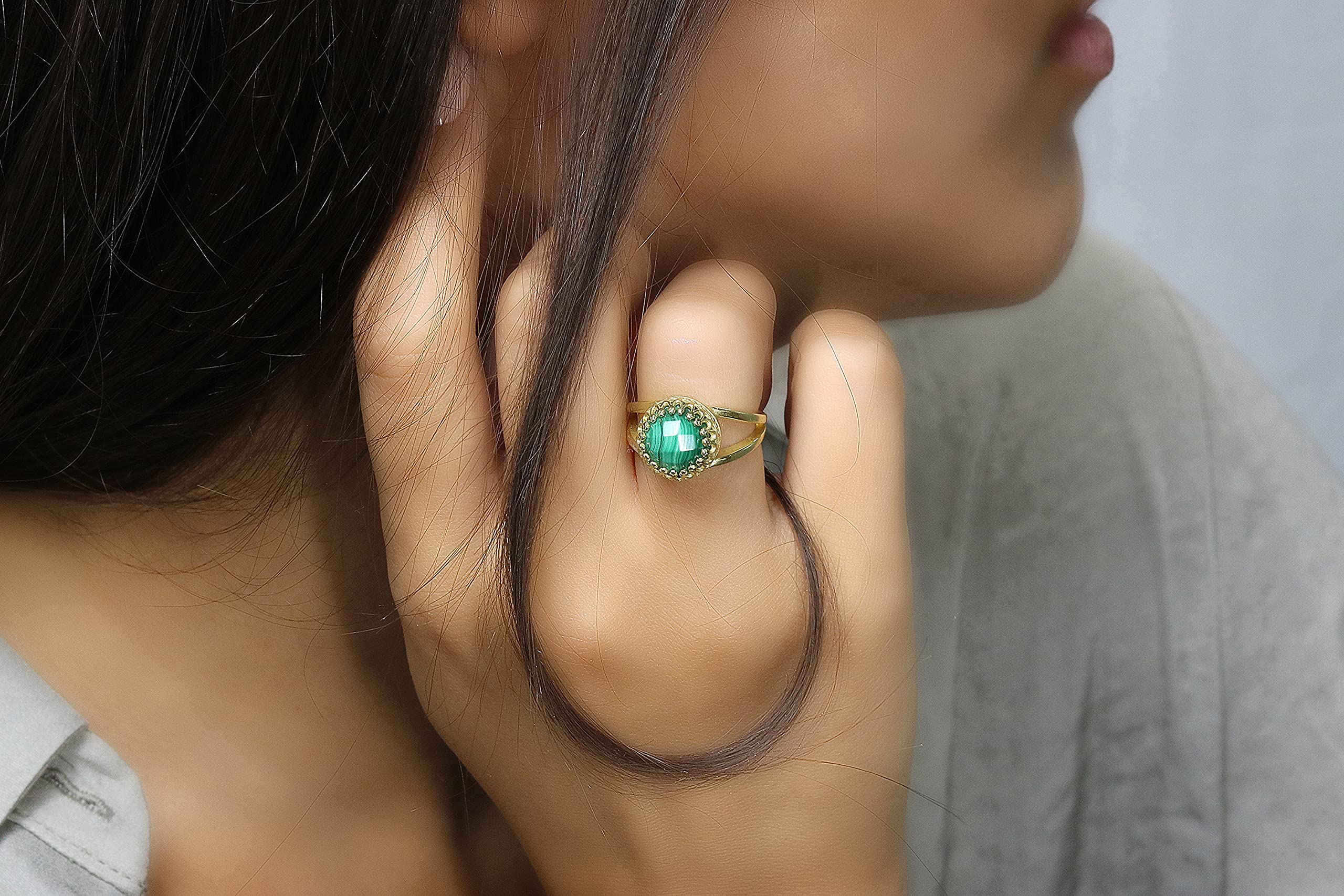 14k Rose Gold Filled Malachite Gemstone Ring for Women - Handmade Anemone Jewelry, Elegant Birthstone Ring for Birthdays, Anniversaries & Everyday Wear - Perfect Gift for Her, Boho Chic Style Jewelry for Casual Outfits & Special Occasions