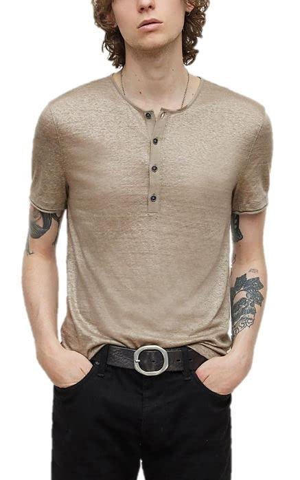 John Varvatos Men's Bleecker Regular Fit Short Sleeve Henley Shirt with Pick Stitch Detail - Casual Wear for Everyday Comfort & Style