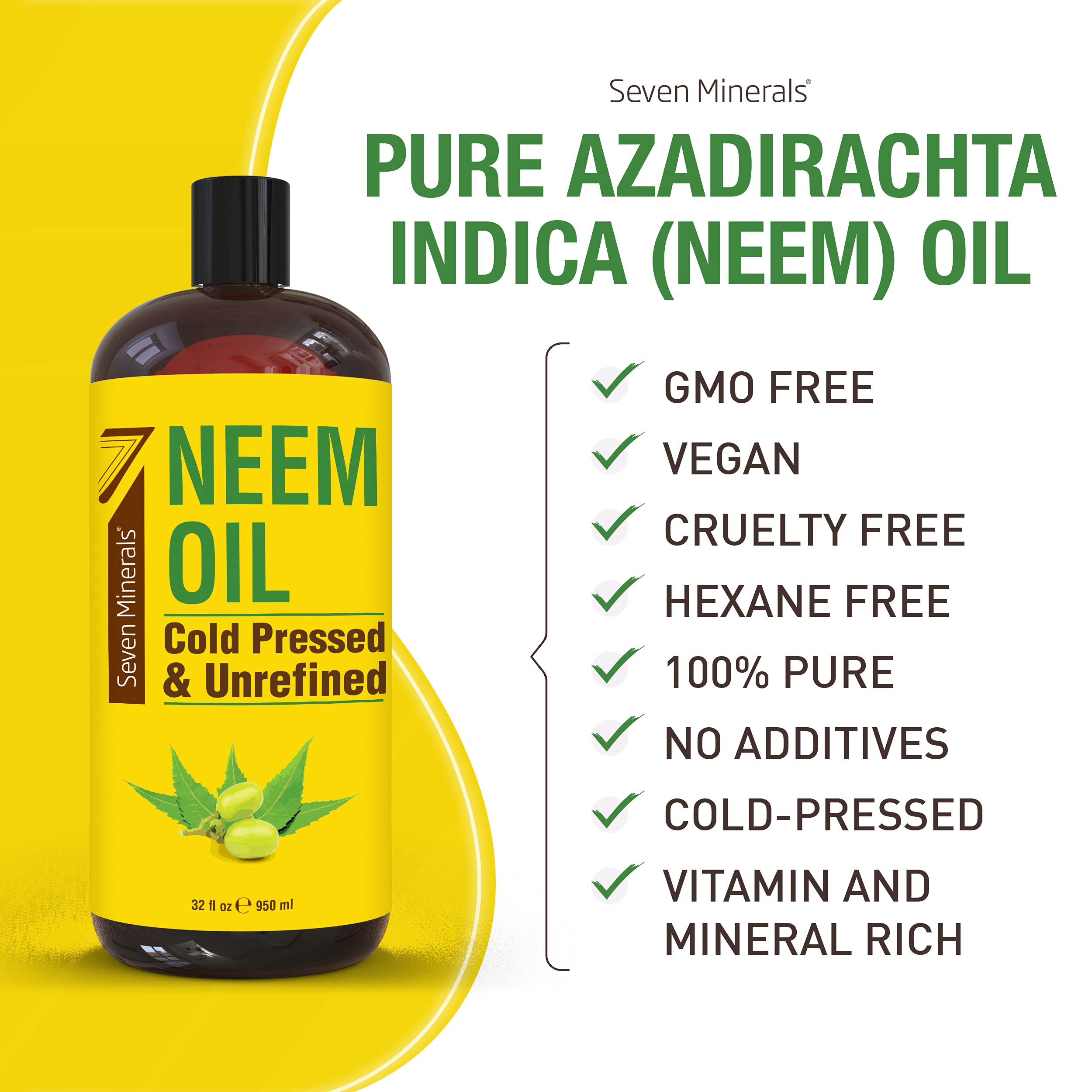 Pure Cold Pressed Neem Oil - 32 fl oz Bottle | 100% Natural, Non-GMO, Hexane Free | Plant Spray, Skin & Hair Care | Treats Dry Skin, Wrinkles, Promotes Hair Growth | Perfect for Organic Gardening, DIY Beauty & Holistic Wellness