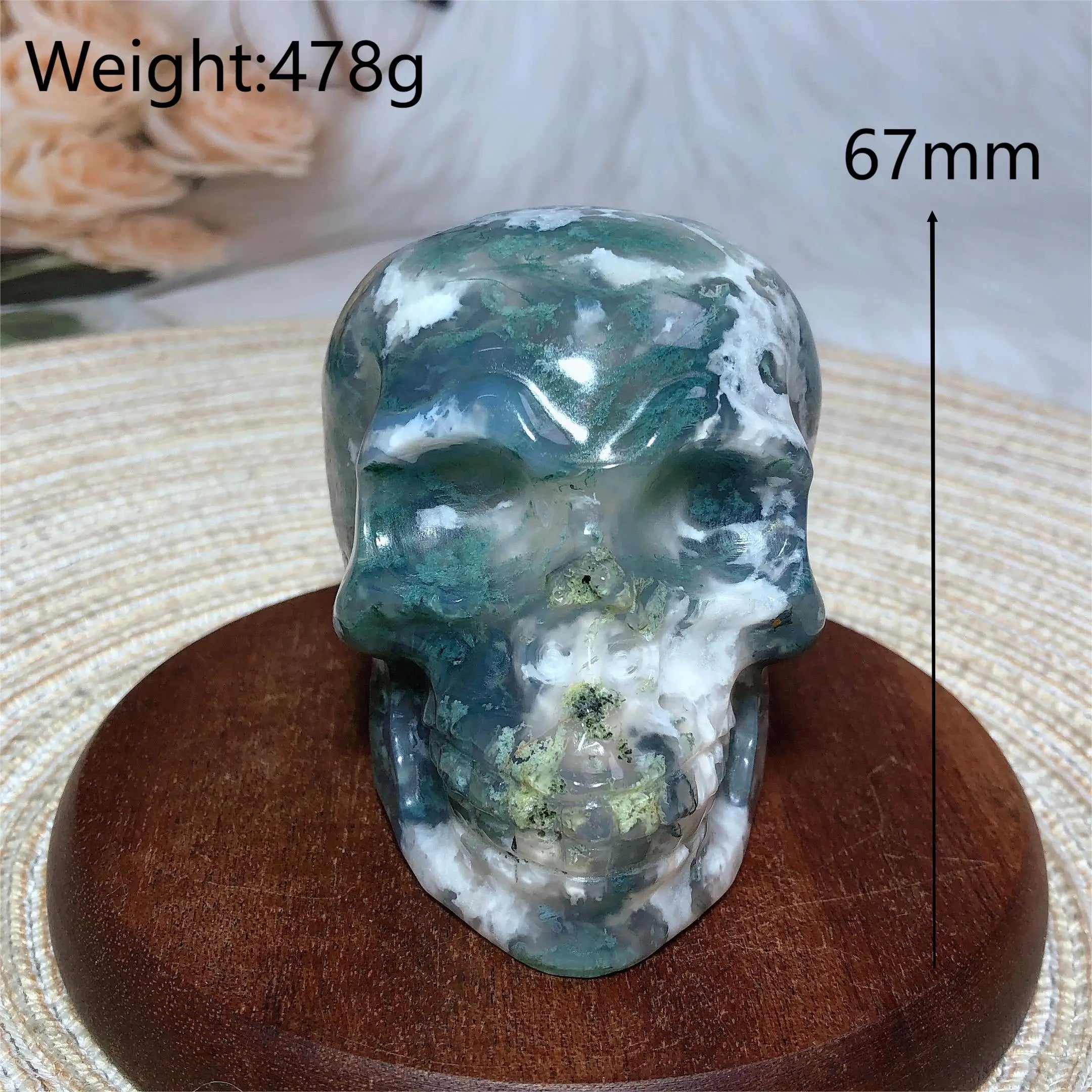 Natural Crystal Moss Agate Skull Carving - Polished Healing Stone for Reiki Energy, Spiritual Home Decor & Meditation Room Decoration | Perfect for Yoga Spaces, Altars & Positive Energy Gifts