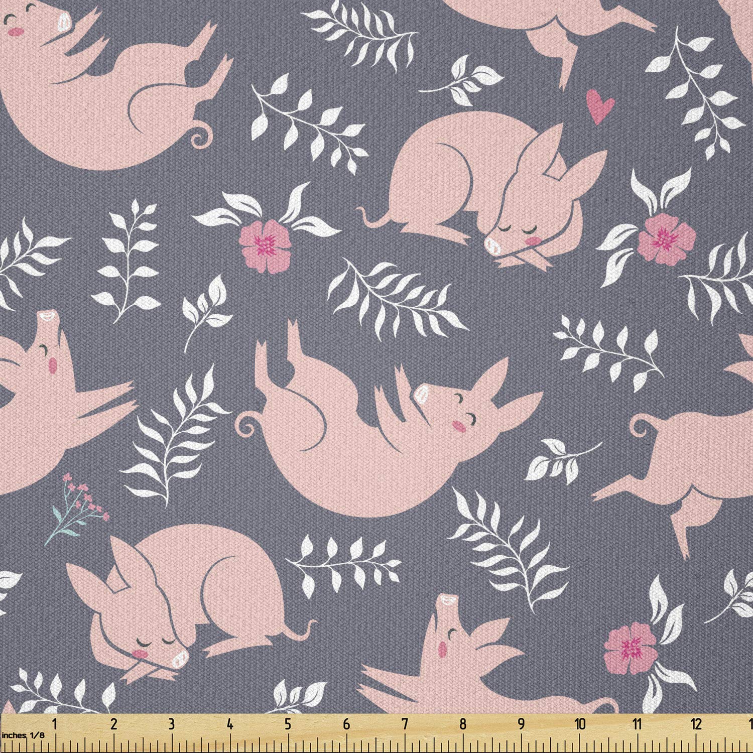 Lunarable Stretch Knit Fabric by The Yard - Cute Pig Animals Sleeping & Playing in Leaves & Blossoms Print | Coral Grey | 10 Yards for DIY Clothing, Sewing & Arts Crafts | Perfect for Kids Apparel, Home Decor & Quilting Projects