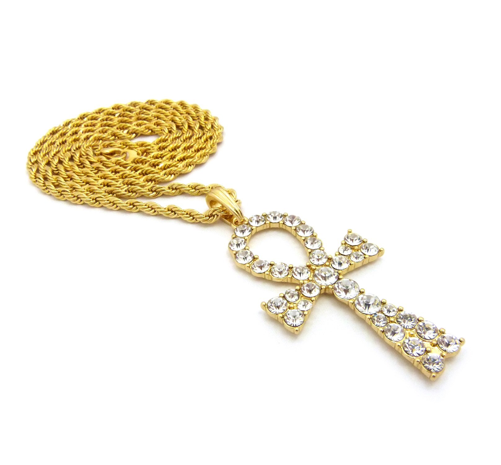 21 Egyptian Iced Out Ankh Pendant Necklace - 4mm Gold Tone with 30