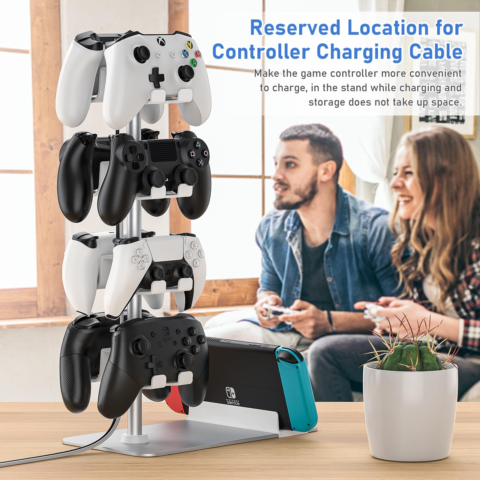 MANMUVIMO Controller Holder for Xbox PS5 PS4 Switch - 8 Gaming Controller Stand Desk Organizer with Headset/iPad/Mobile Phone Storage - Perfect Gaming Room Accessories & Gifts for Gamers (White) - Ideal for Game Room Setup, Desk Organization & Gamer Gifts