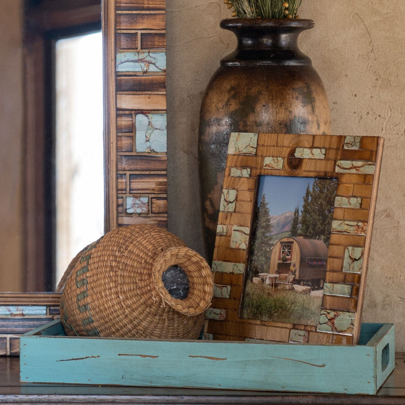 Handmade Turquoise Inlay Wooden Picture Frame - Southwest Style Home Decor for Wall Display & Photo Gifts
