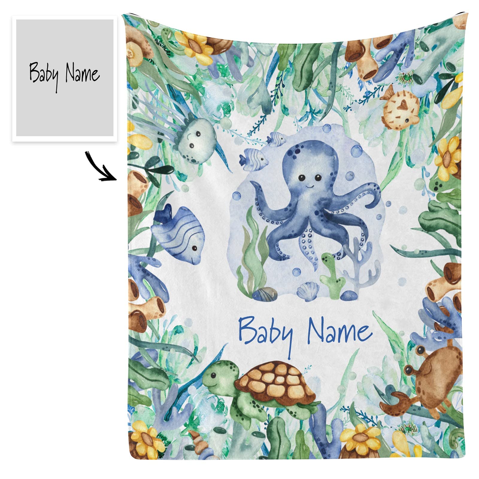 Personalized Baby Fleece Blanket - Custom Name & Birthday Sea Turtle Octopus Design - Super Soft 30x40 Inch Jungle Underwater Theme Blanket for Boys & Girls - Perfect Baby Shower, Newborn Gift & Nursery Decor