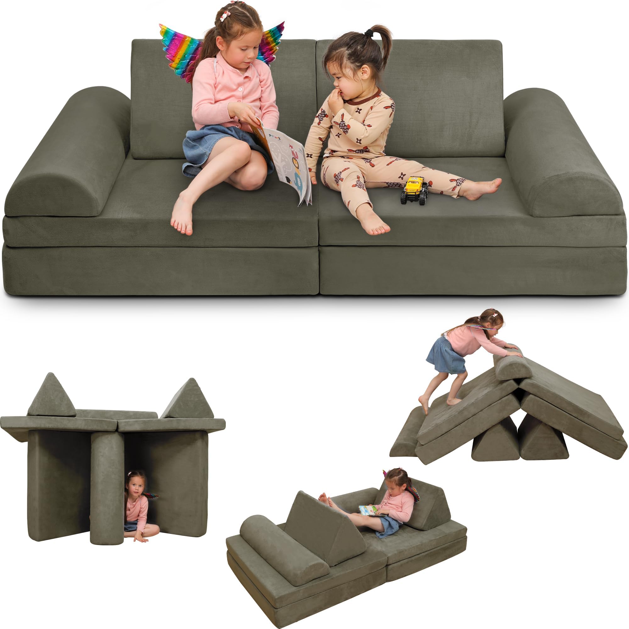 **Large Modular Play Couch for Kids – Convertible Foam Cushion Sofa for Boys & Girls, Charcoal Grey – Perfect for Playroom, Bedroom & Building Forts**