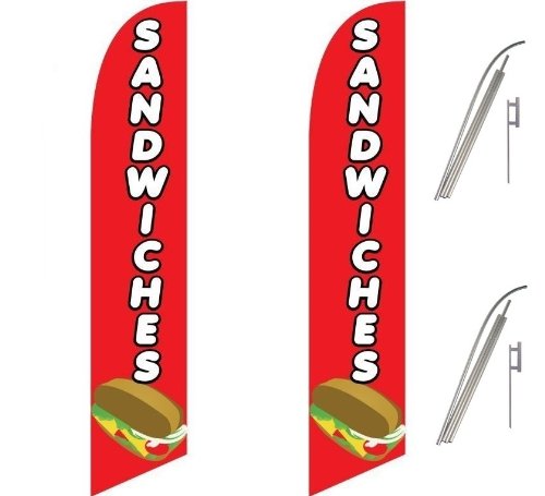 Red & White Sandwich Themed Full Sleeve Swooper Flags with Poles & Spikes - Perfect for Sports Events, Tailgating, and Sandwich Shop Decorations