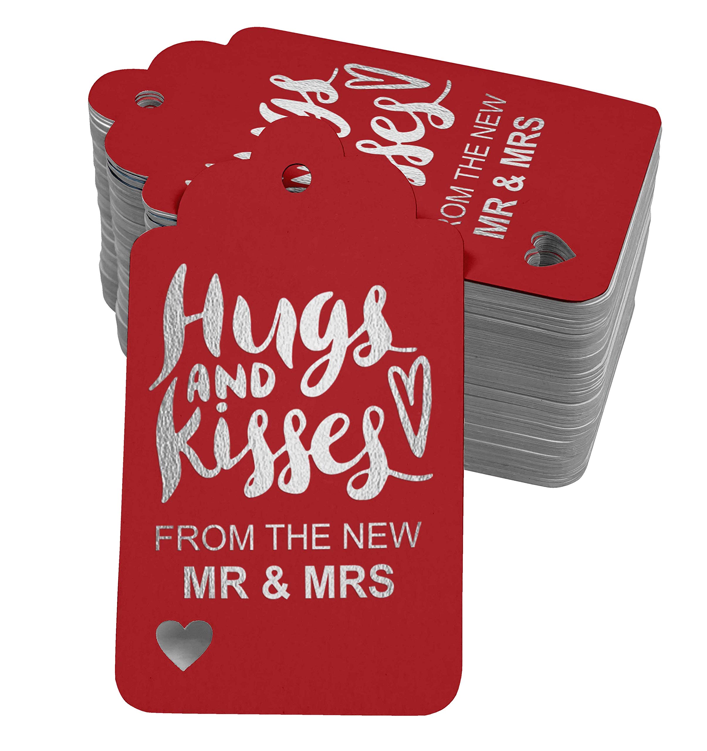 100pcs Real Silver Foil Wedding Favor Tags - Elegant Hugs & Kisses Paper Hang Tags for Bridal Showers, Anniversary Parties & Gift Decorations