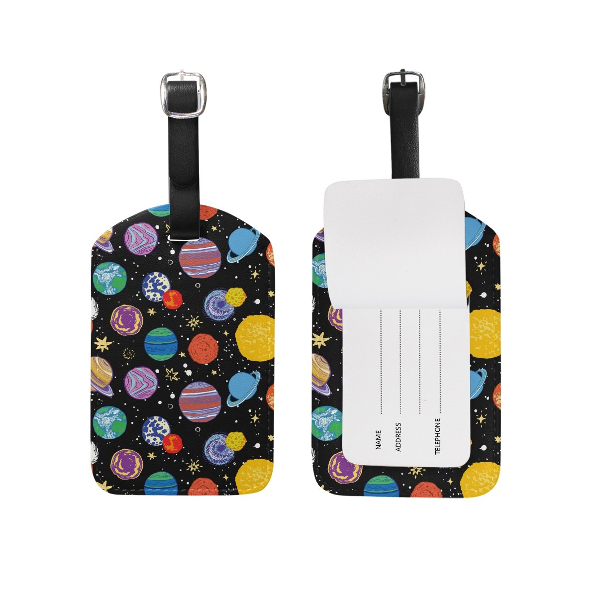 Cute Planet Doodle Universe Luggage Tag - PU Leather Suitcase ID Tag for Travel, Personalized Baggage Label (Ideal for Airports, Cruise Ships & Business Trips)