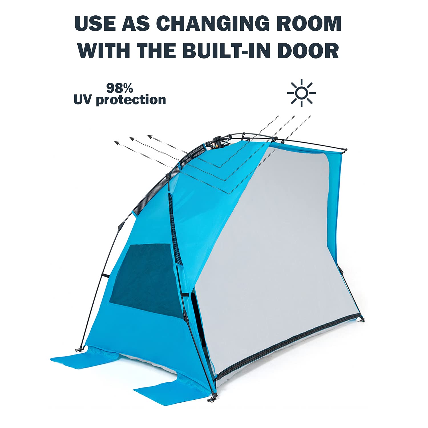 Valigo Pop Up Beach Tent Sun Shelter - XL Portable Shade Canopy for 4 People with 3 Ventilation Windows & Extended Floor | UV Protection Instant Tent for Family Camping, Picnics, Beach Outings (Blue)