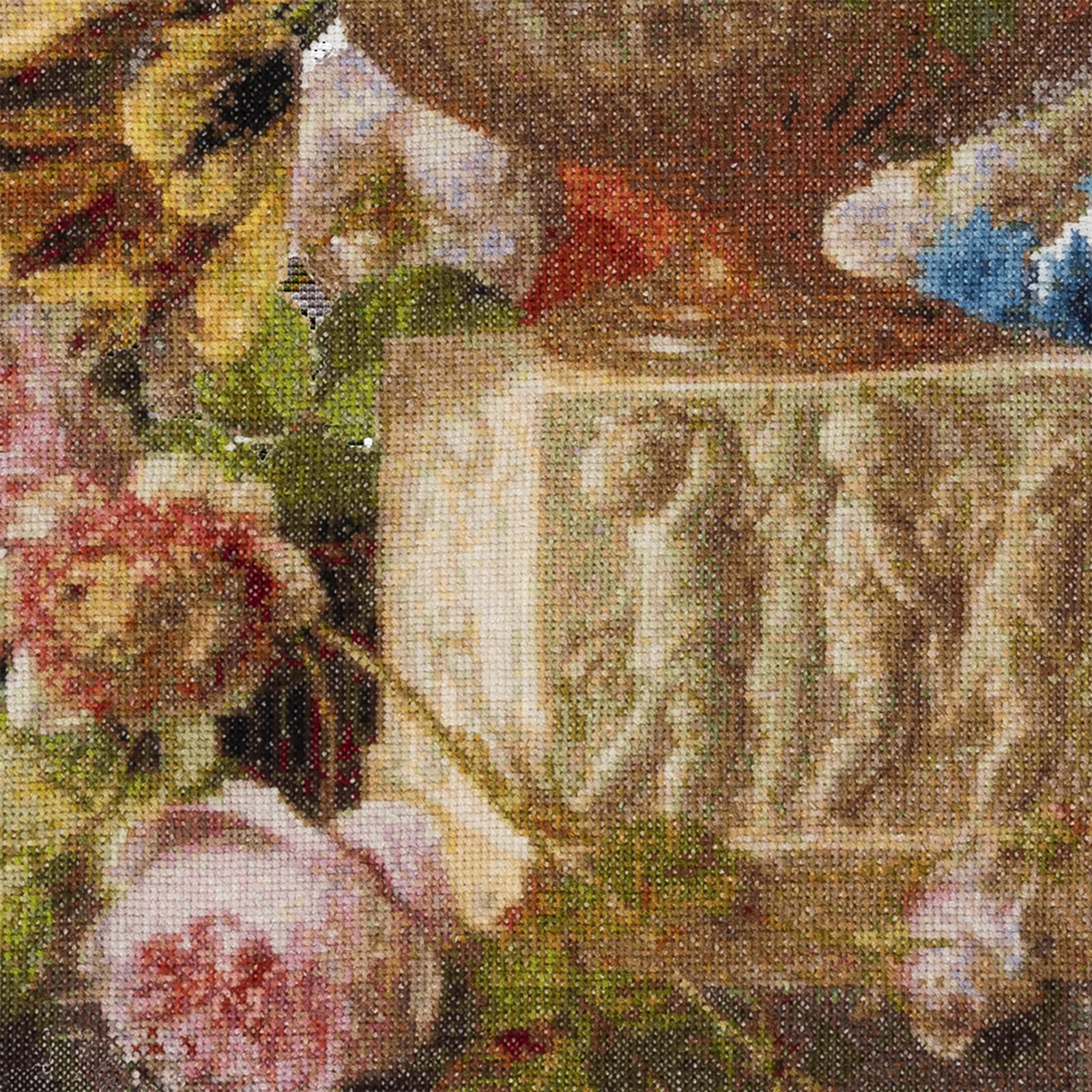 Thea Gouverneur Counted Cross Stitch Kit - Flower Still-Life with Alabaster Vase - 18 Count Aida Fabric - Includes DMC Embroidery Threads & Supplies - Perfect for Adults & Home Decor DIY Projects
