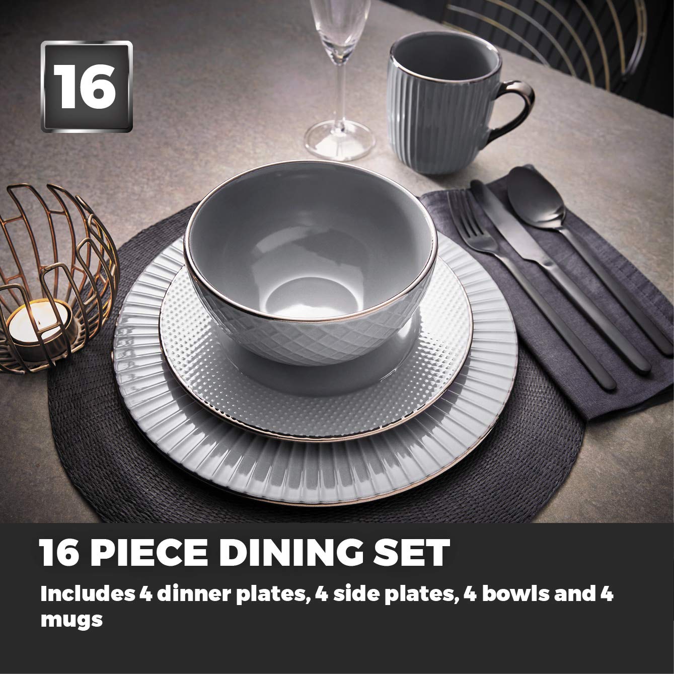 Empire 16-Piece Stoneware Dinnerware Set in Grey and Brass - Elegant Tableware for Everyday Dining & Entertaining | Tower T867002GRY
