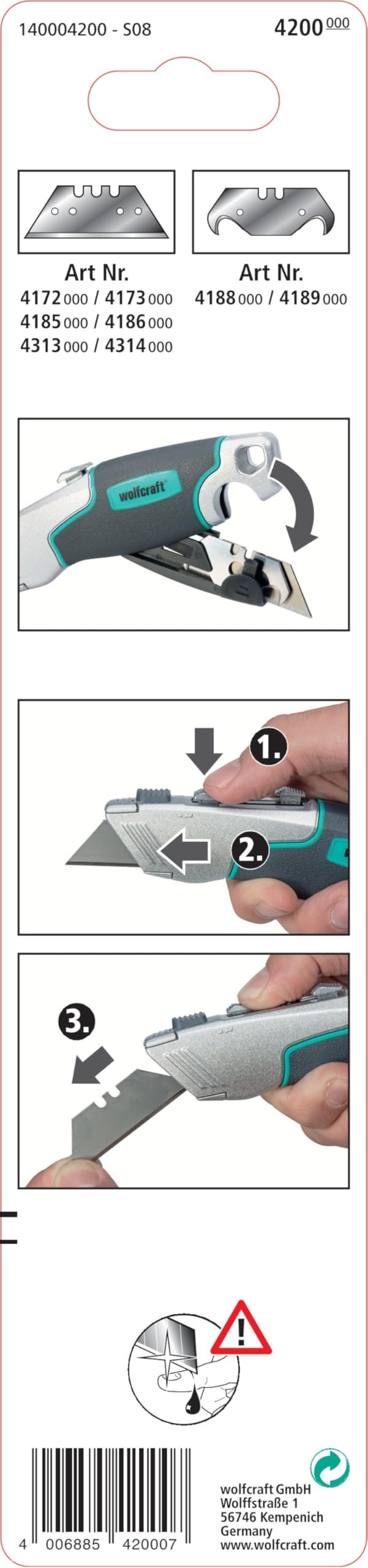 Wolfcraft 4200000 Trapezium Blade Knife - Heavy Duty Utility Knife for Carpentry, DIY Projects & Crafting - Perfect for Cutting Cardboard, Foam & Packaging Materials