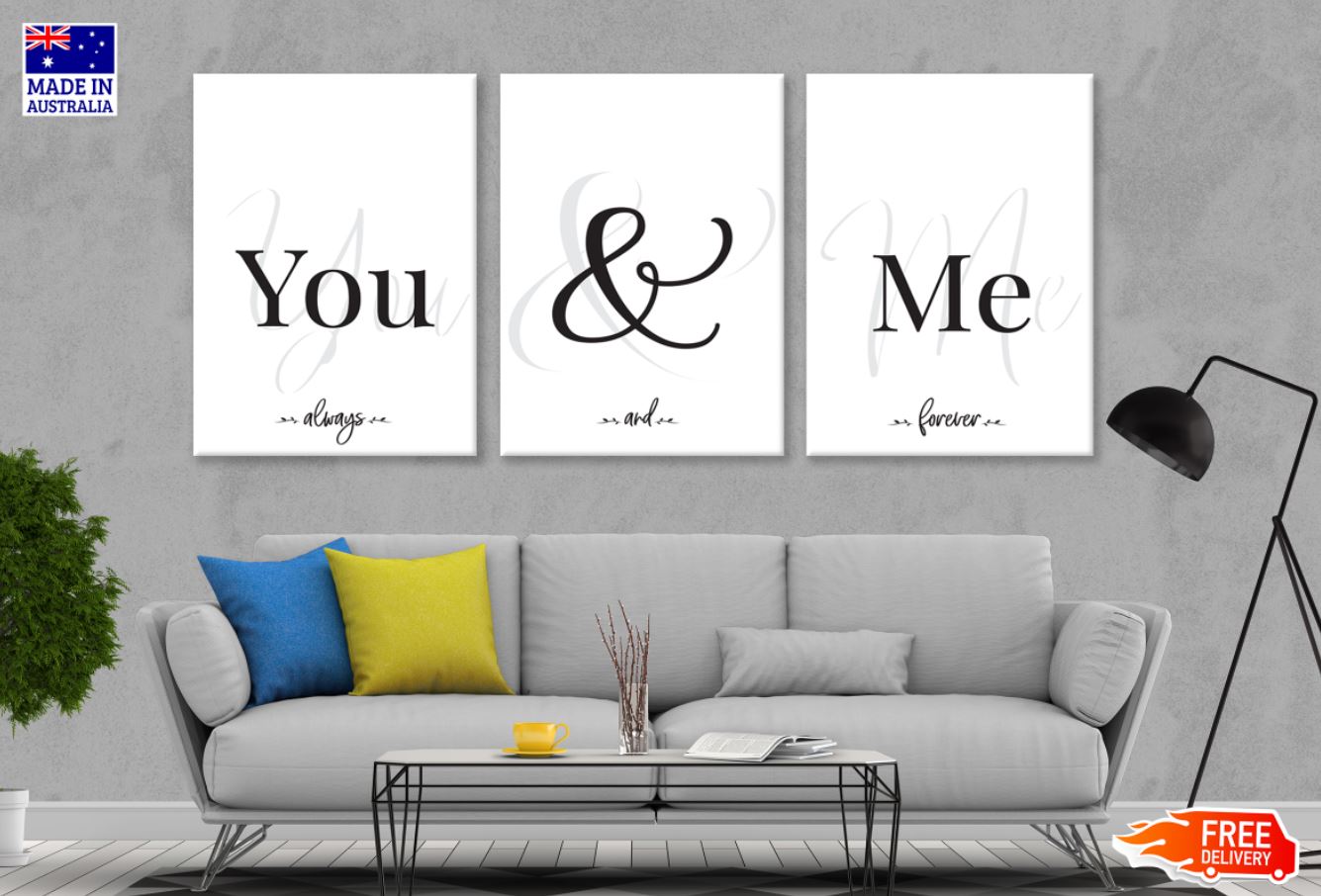 You & Me Black and White Word Art Canvas Prints - Set of 3 High Quality Australian Made Wall Decor | Perfect for Bedroom, Living Room & Wedding Gifts