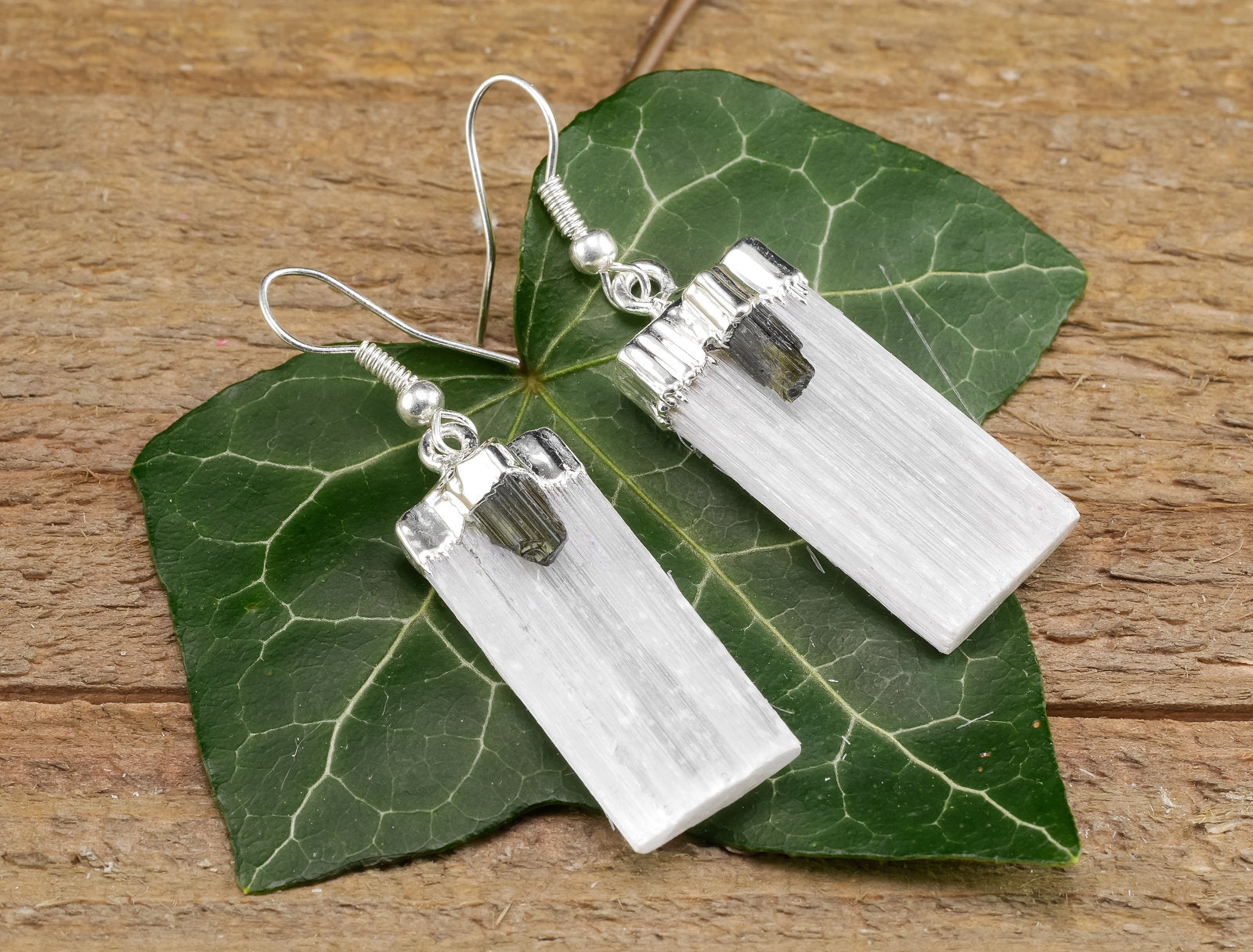 Raw Black Tourmaline & Selenite Crystal Earrings - Sterling Silver Dangle Earrings | Handmade Gemstone Jewelry, Birthstone Gift | Spiritual Protection & Healing Crystal Jewelry for Meditation & Energy Cleansing