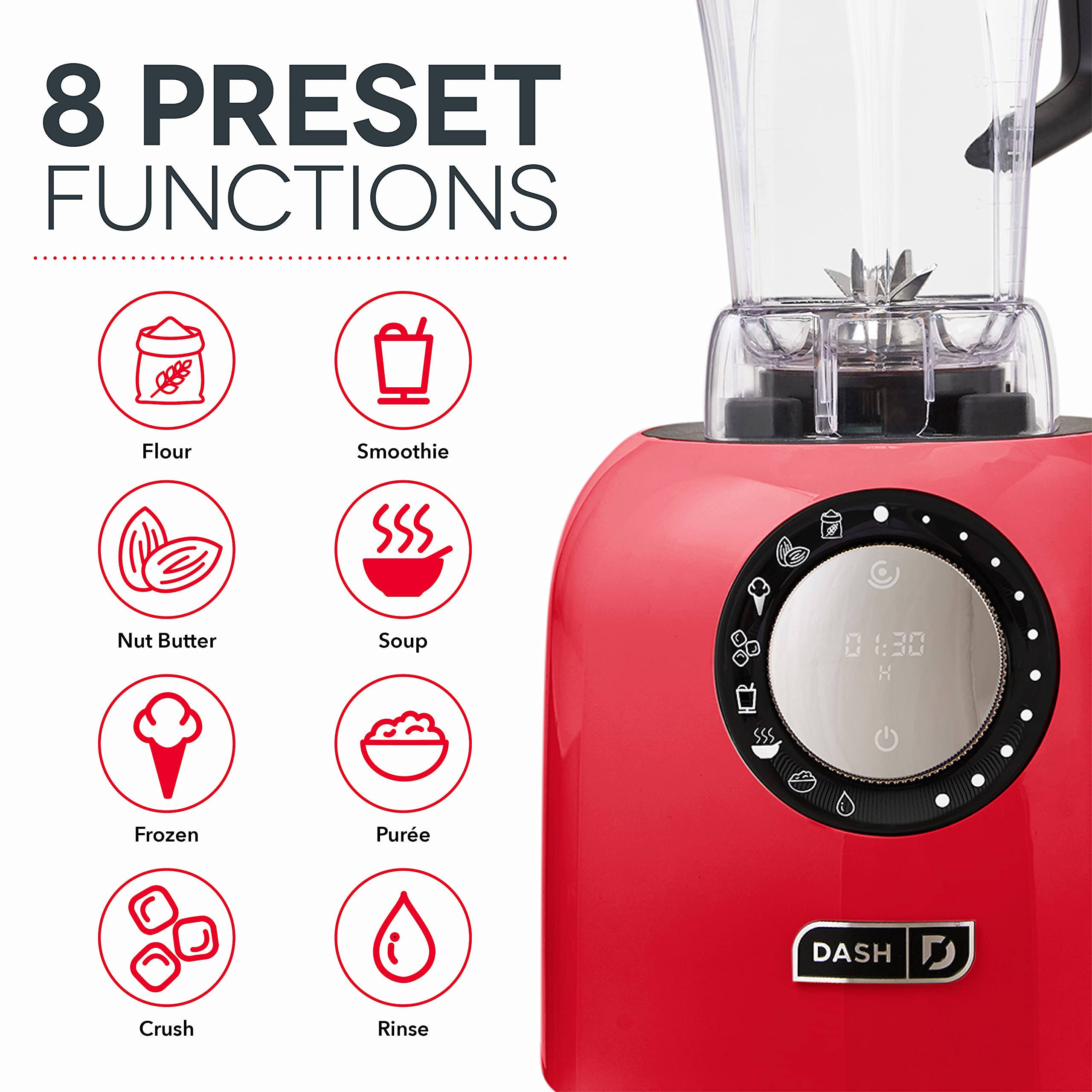 Dash Chef Series Deluxe Digital 64 oz Countertop Blender with Stainless Steel Blades & Tritan Jug - Smart Blender with Tablet Stand & USB Port for Smoothies, Soups, Nut Butters - Perfect for Kitchens, Restaurants & Healthy Lifestyles (Red)