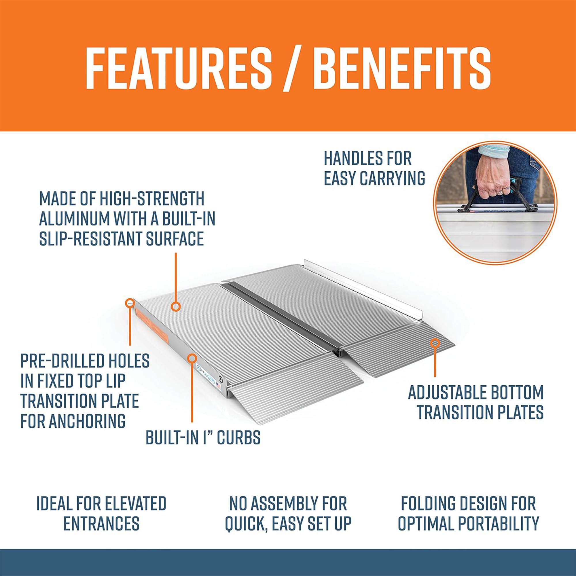 EZ-ACCESS 3ft x 30in Portable Singlefold Wheelchair Ramp with Ergonomic Handles & Anti-Slip Tread | Lightweight Aluminum Mobility Ramp for Home Entry, Vehicles & Threshold Access