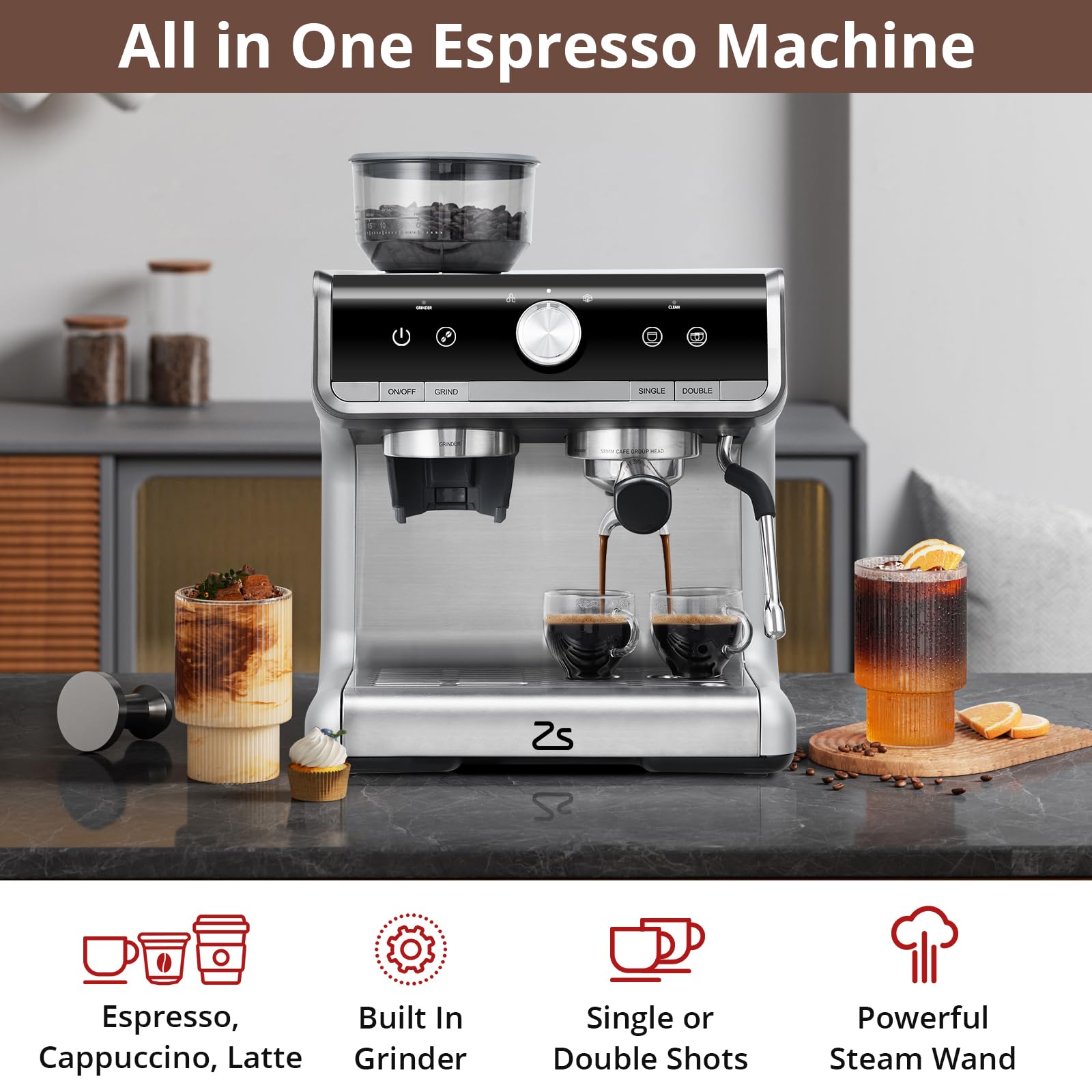 Premium Espresso Machine with Built-in Grinder & Milk Frother - Professional Barista Coffee Maker for Latte, Cappuccino - Perfect Gift for Coffee Lovers, Dad & Mom - Ideal for Home, Office & Coffee Shops