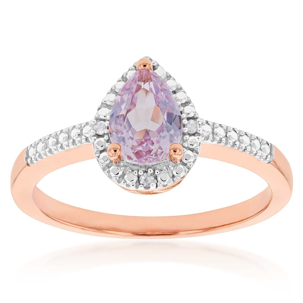 9ct Rose Gold Peach Sapphire & Diamond Pear Ring - Elegant Jewelry for Weddings, Anniversaries & Special Occasions
