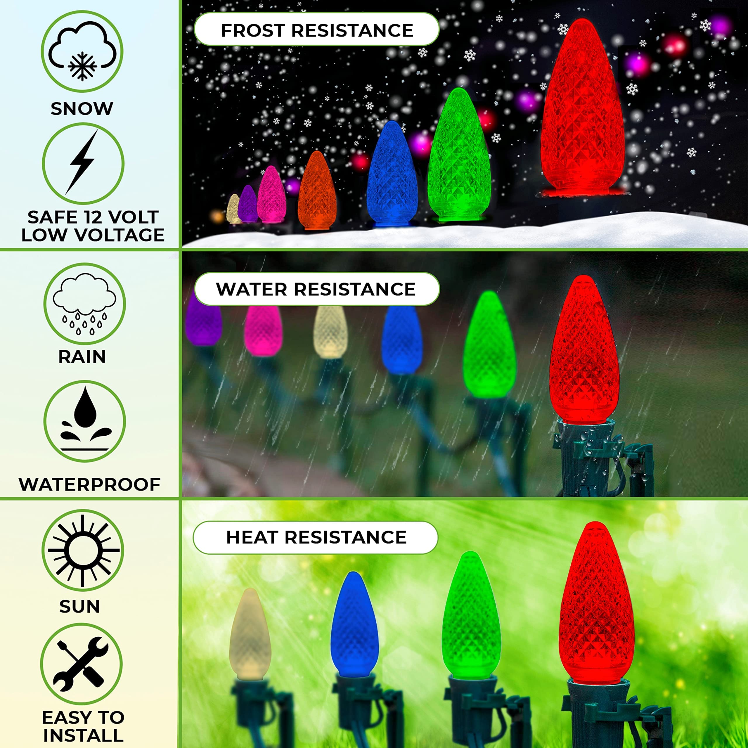 C9 LED Green Christmas Light Bulbs - Pack of 25, Faceted Retrofit Candle Shape, E17 Base, Commercial Grade for Indoor/Outdoor Holiday Decorations - Perfect for Roof Lights, Trees, and Festive Displays