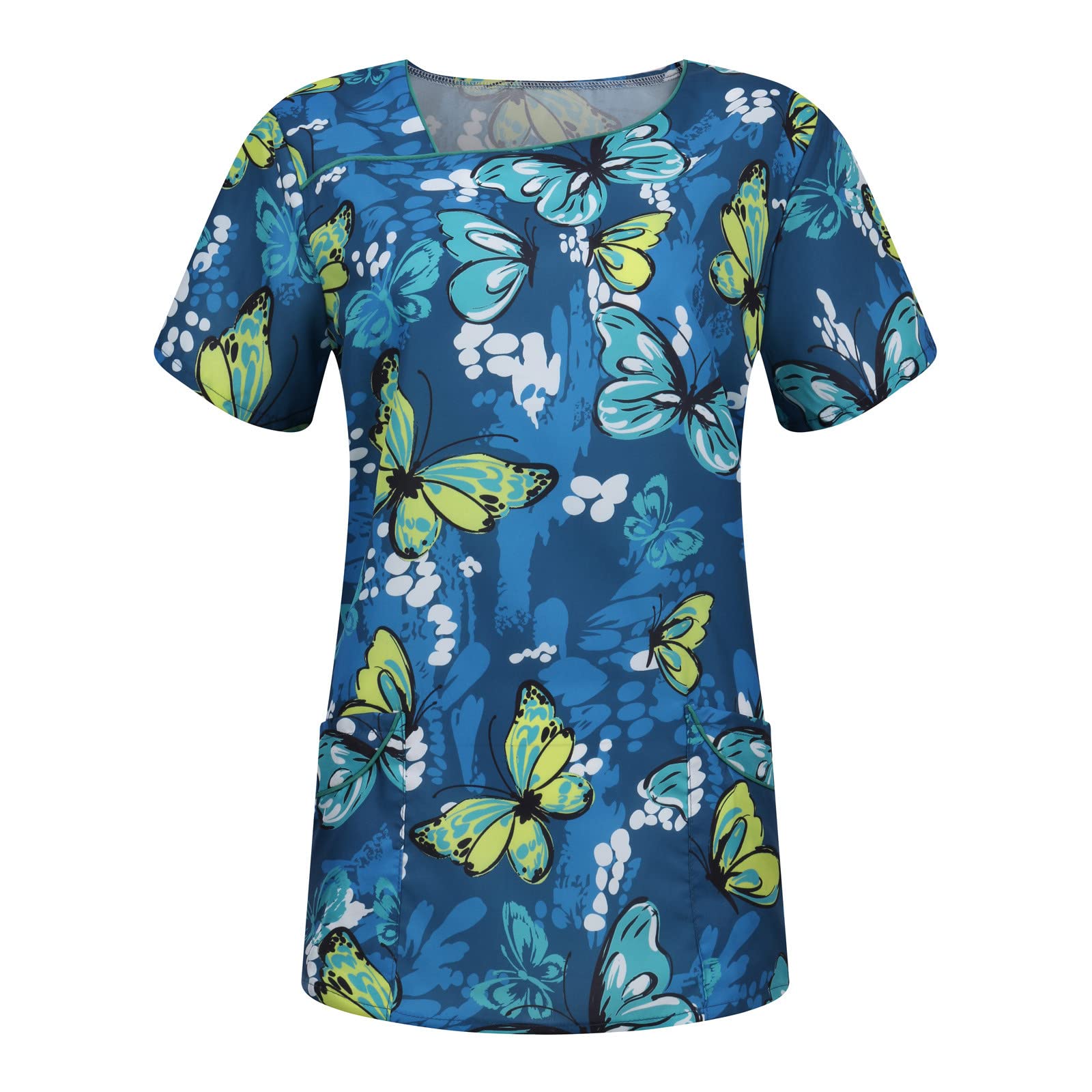 Butterfly Print Plus Size V-Neck Scrub Top - Stretch Nursing Uniform for Women | Comfortable Workwear for Nurses, Healthcare Professionals & Holiday Shifts