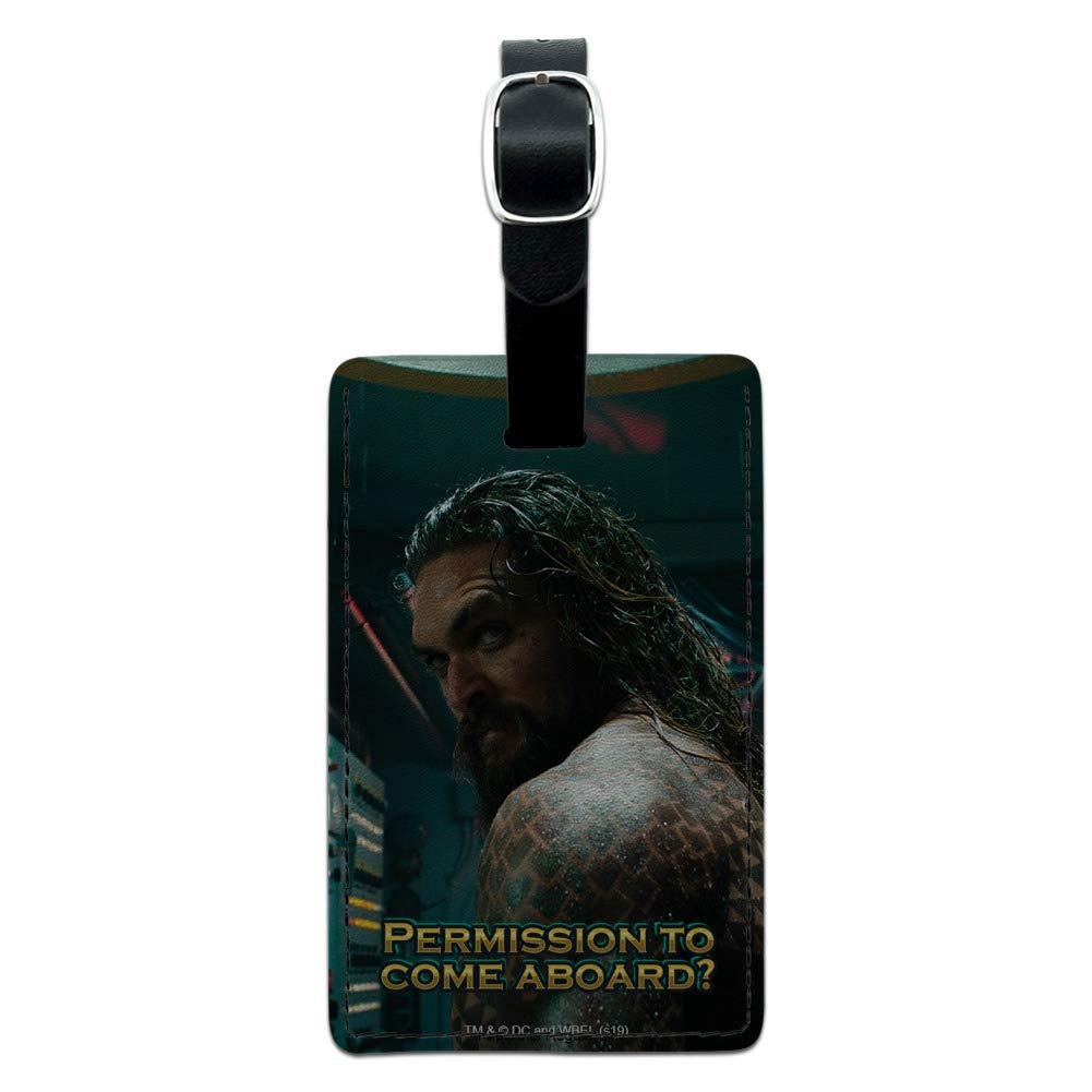 Official Aquaman Movie 'Permission to Come Aboard' Leather Luggage Tag - Rectangle ID Card Holder for Travel Bags, Suitcases & Backpacks | DC Comics Collectible Gift for Fans