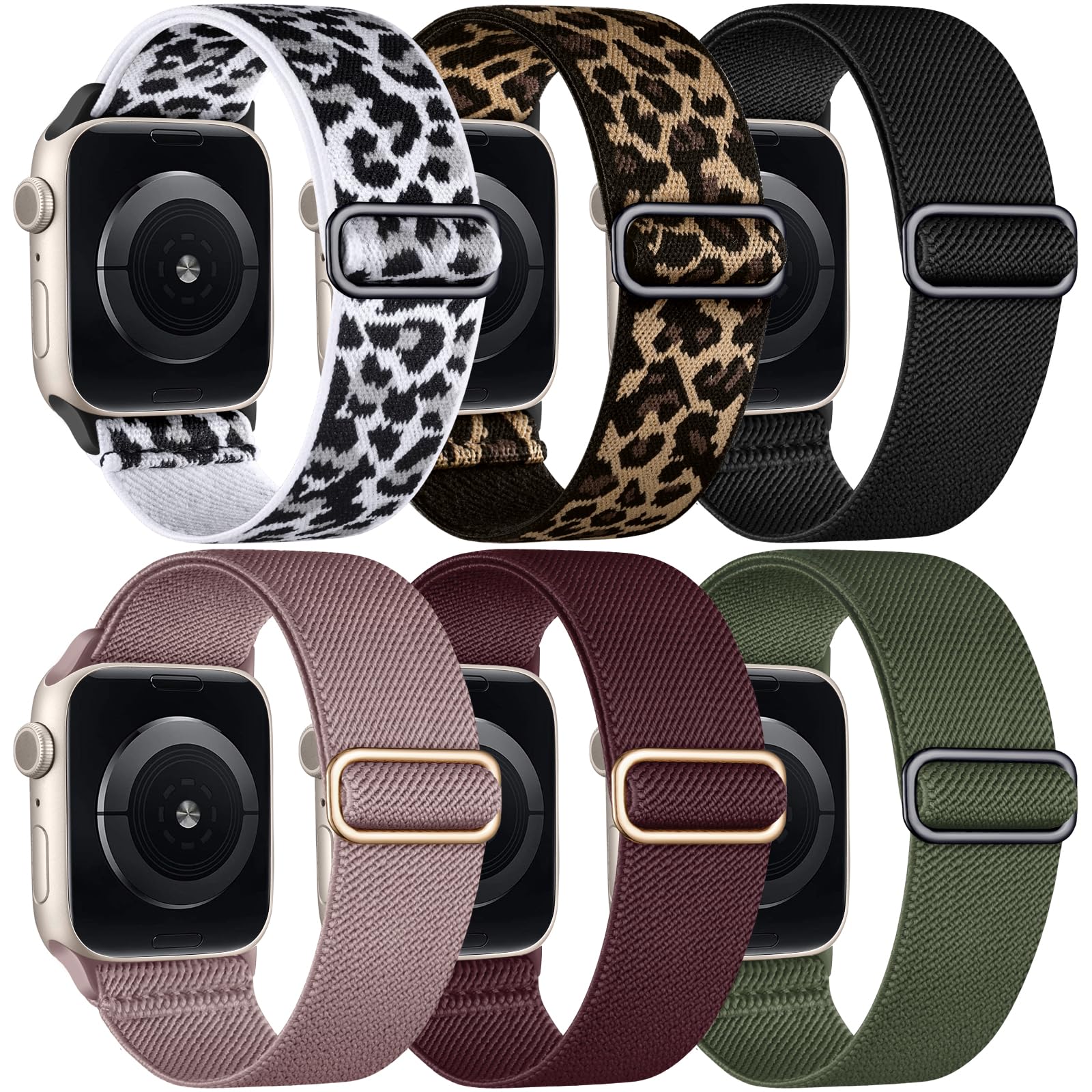 Stretchy Nylon Boho Solo Loop Bands for Apple Watch 38mm 40mm 42mm - Compatible with Ultra 2, Series 9/8/7/6/5/4/3/2/1 - 6 Pack for Women & Men - Perfect for Workouts, Yoga & Everyday Wear