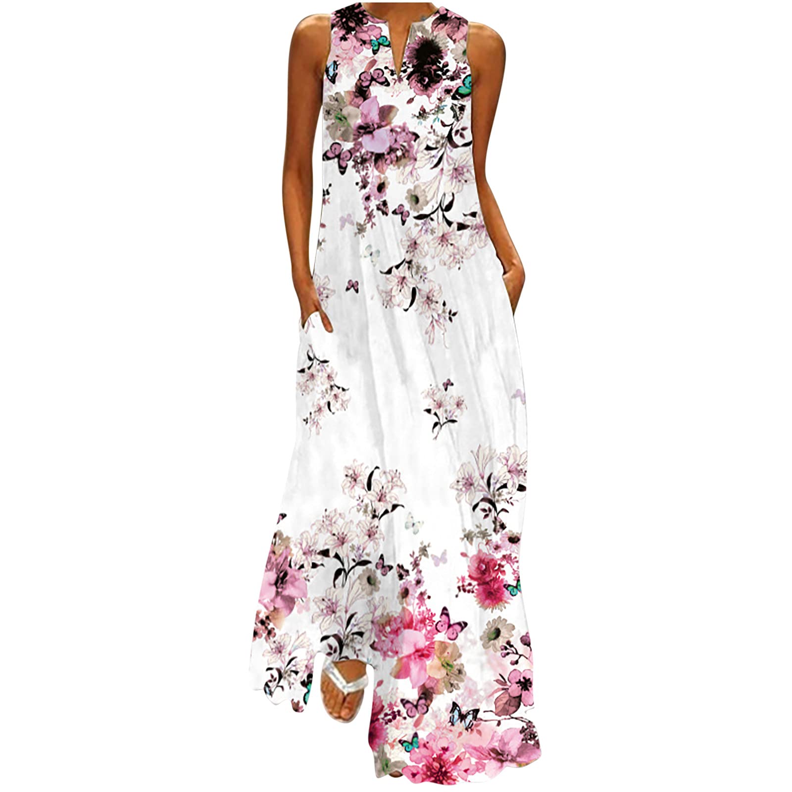 2024 Trendy Women's Vintage Floral Maxi Dress - V Neck Sleeveless Summer Sundress with Pockets | Casual Beach Dress, Vacation Outfit, Boho Chic Wedding Guest Dress