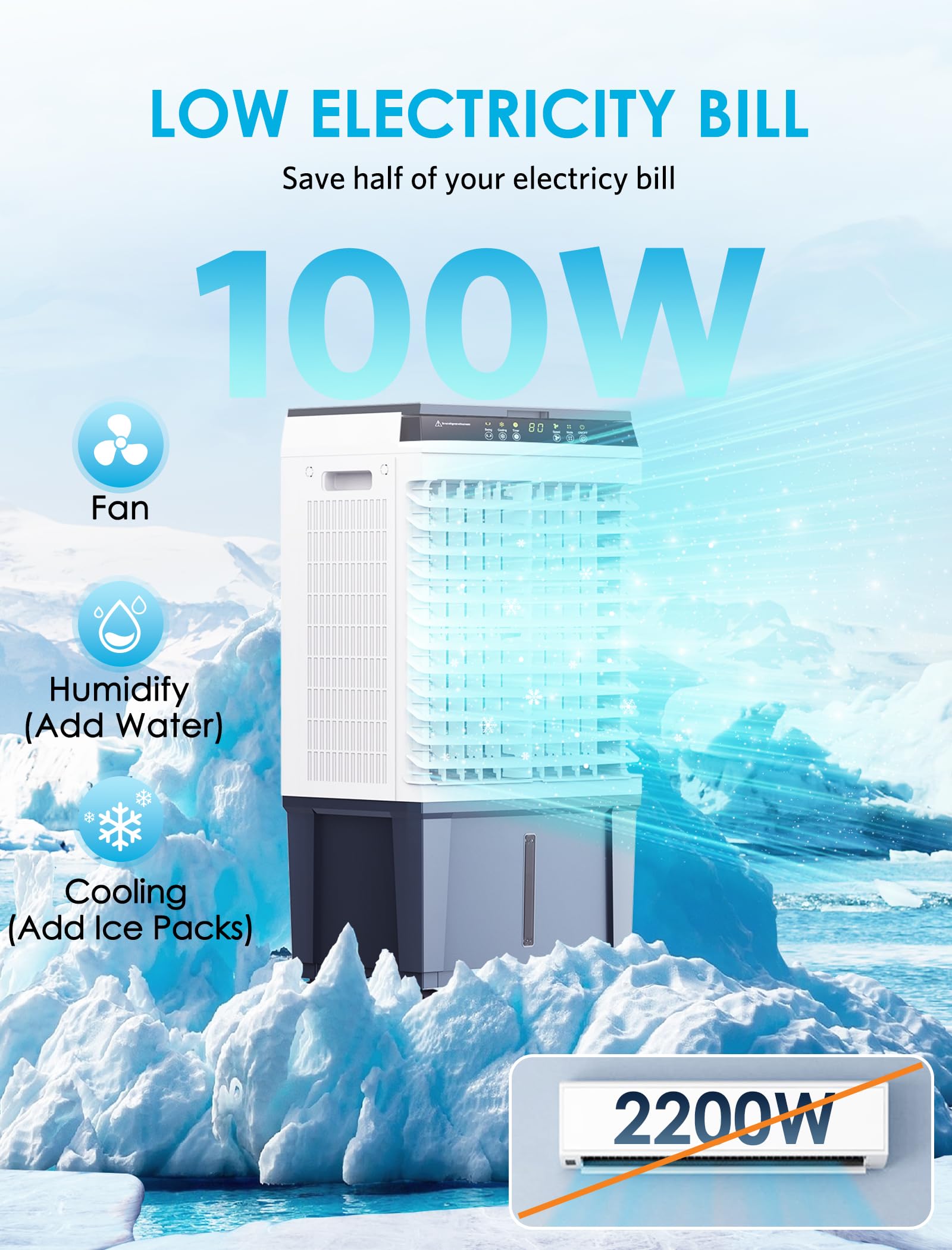 1800 CFM Evaporative Air Cooler with 5.3 Gal Tank - 3 Speed, 110° Swing, Remote & Timer - Portable Swamp Cooler for Indoor, Outdoor, Patio, Garage, Bedroom & Office Cooling - Gray