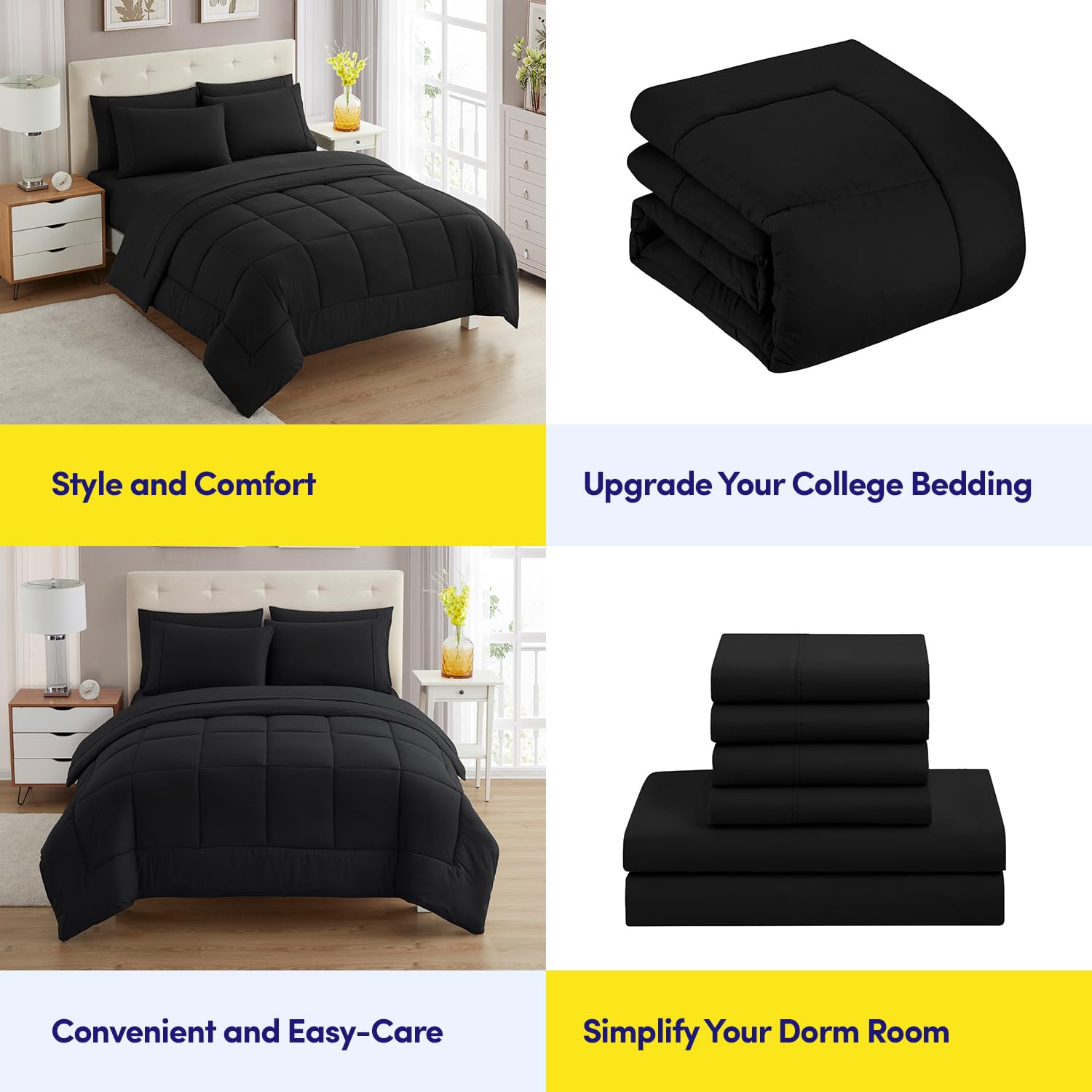7-Piece Full Size College Bedding Comforter Set - Dorm Room Essentials for Boys & Girls | Black Bed in a Bag | Perfect for University Dorms, Student Housing & Teen Bedrooms