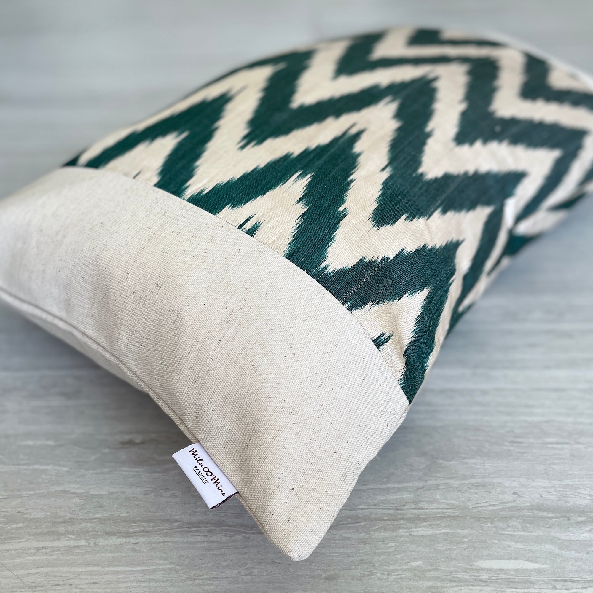 Handmade Silk Ikat & Linen Cushion Cover - Bohemian Zigzag Green Pattern - Perfect for Sofa, Bed, Chair Decor - Home & Living Room Accessories