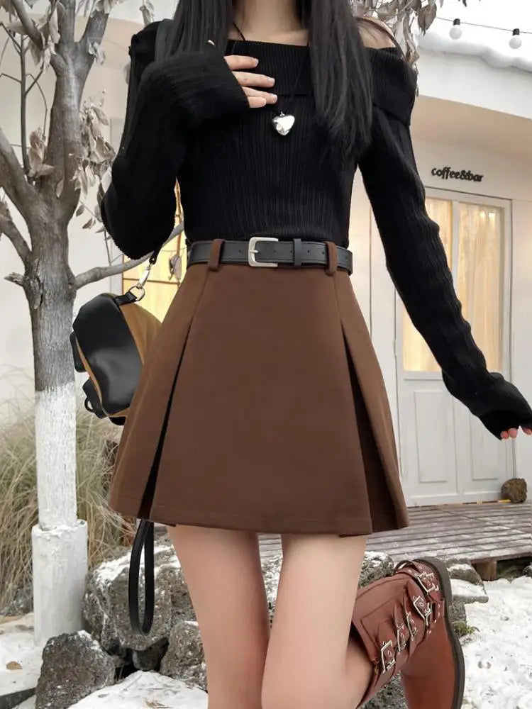 Women's Black Wool Mini Skirt - A-Line Wrap Hip Short Skirt for Autumn Winter | Korean Harajuku Fashion Thick Pleated Skirt | Perfect for Parties, Dating & Casual Outfits