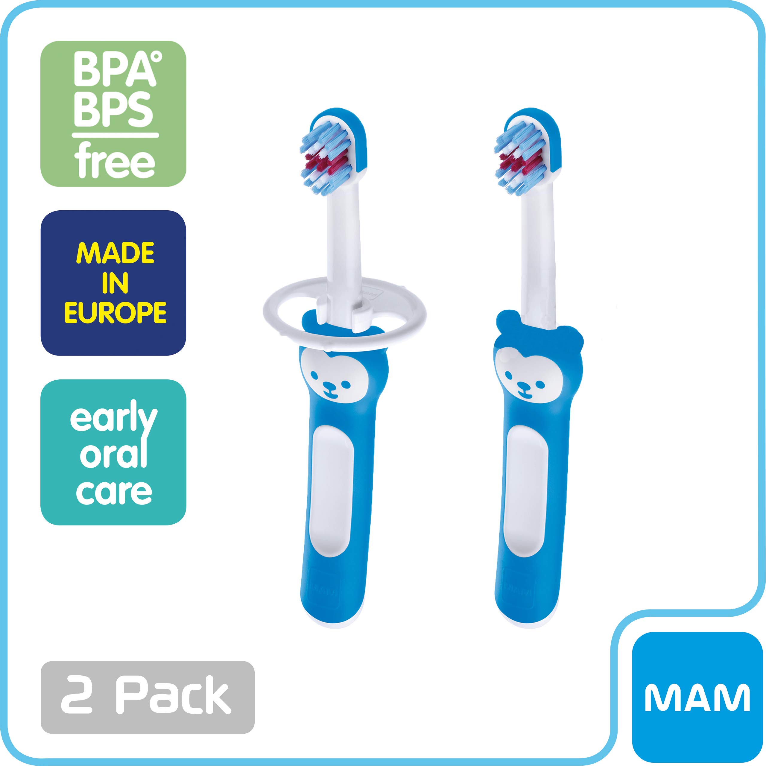 MAM Baby Training Toothbrush Set - 2 Toothbrushes with Safety Shield & Brushy the Bear, Interactive App for Oral Care, Blue - Ideal for Boys 5+ Months - Perfect for Teething & Early Dental Hygiene
