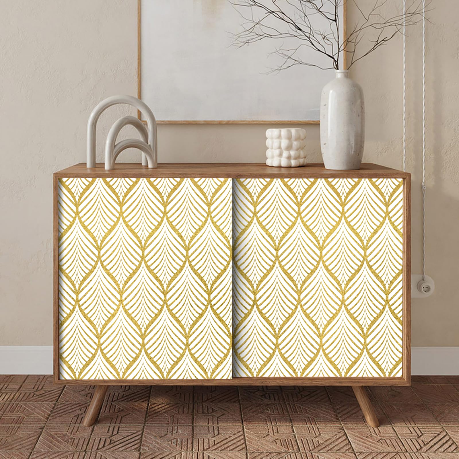 Modern Boho Peel and Stick Wallpaper - Gold & White Leaf Pattern Self-Adhesive Vinyl Contact Paper - 17.7