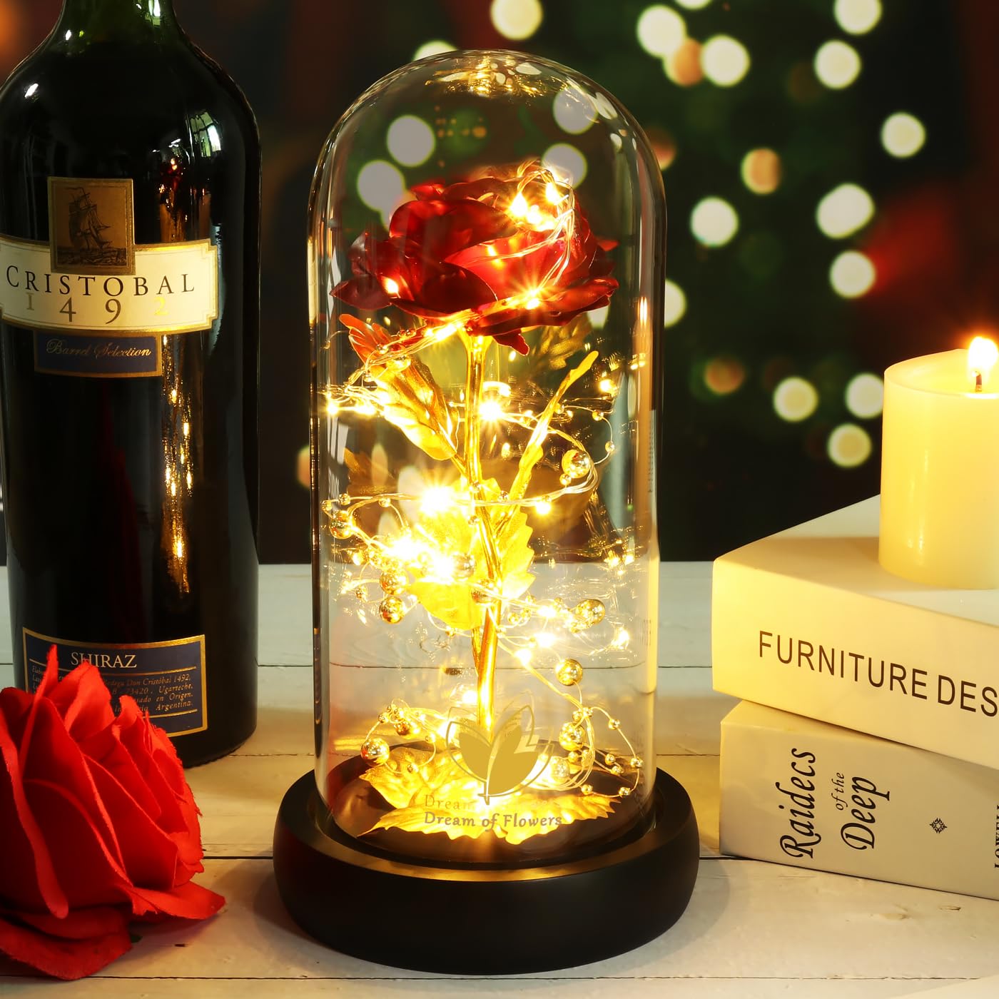 Valentine's Rose Gift for Her - Artificial Flower in Glass Dome with 2 Light Modes, Colorful Gold Foil Rose - Perfect for Weddings, Birthdays & Romantic Occasions